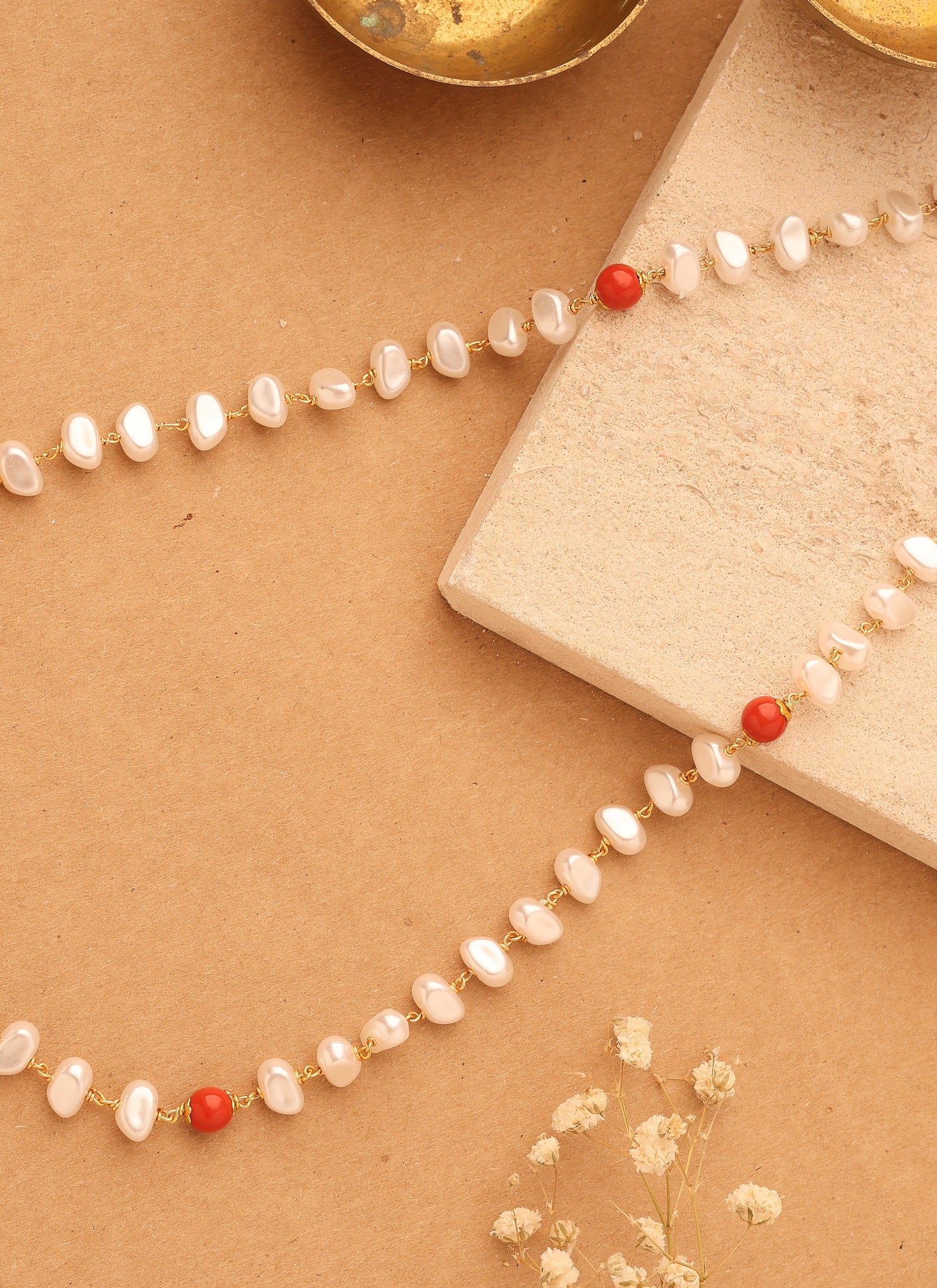 White Unshaped Pearl and Coral Beaded Necklace