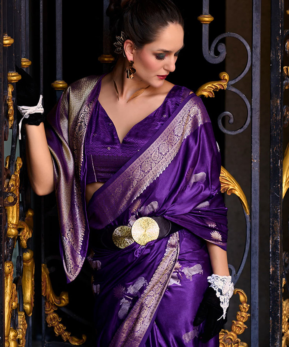Majestic Purple Art Silk Zari Woven Saree with Elegant Animal Motifs