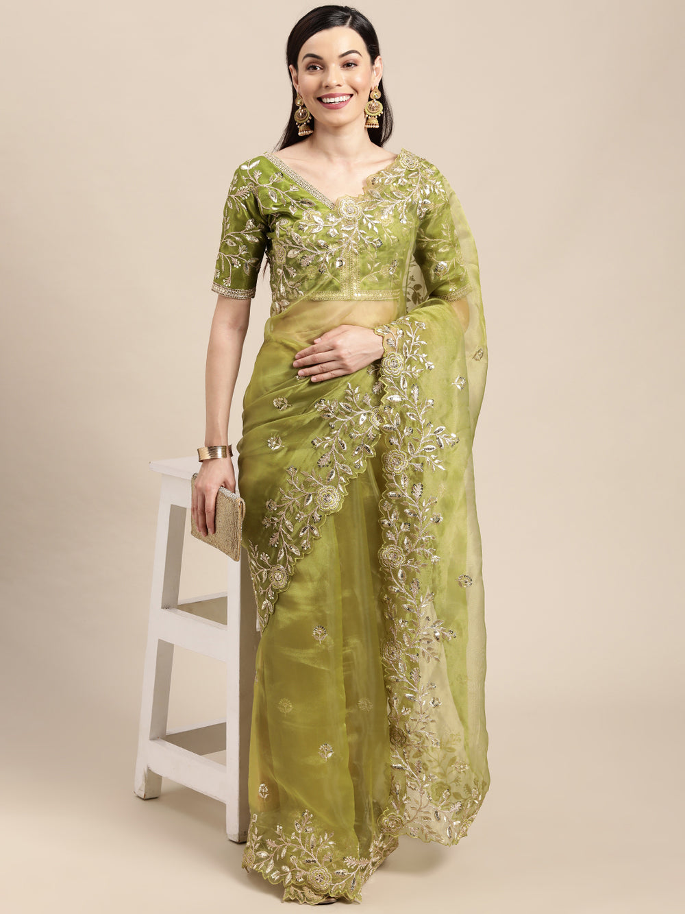 Mehendi Green Organza Embroidered Saree