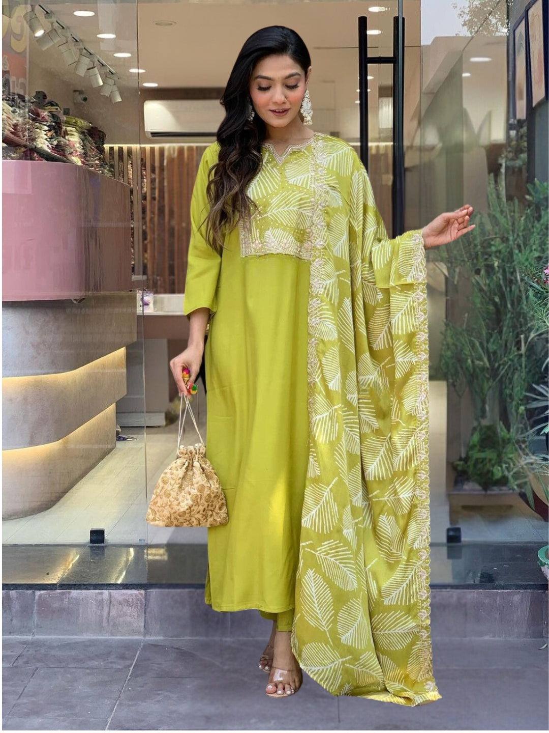 Yellow Embroidered Viscose Straight Kurta Pant Set with Dupatta