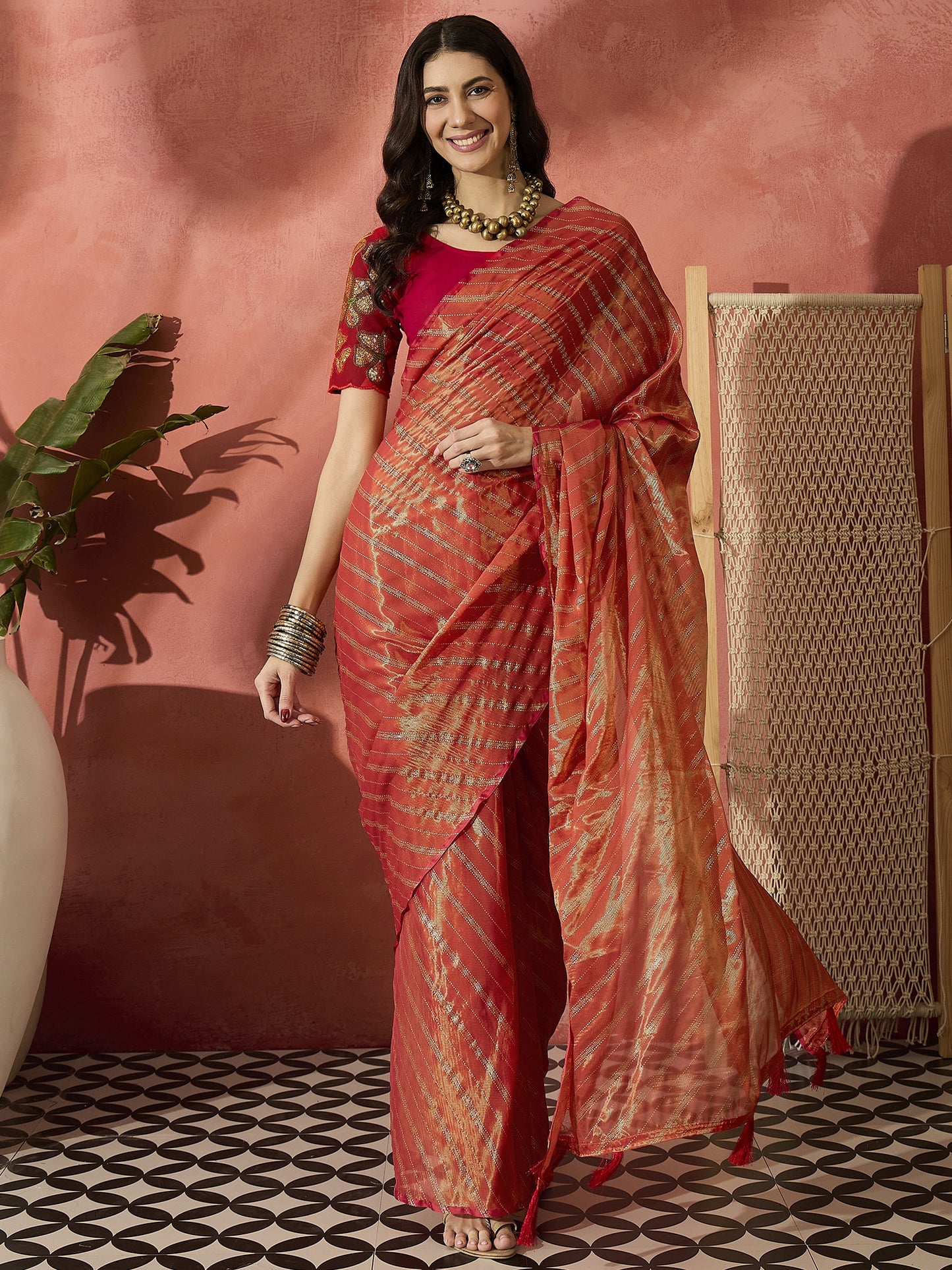 Rust Orange Dual-Tone Organza Saree with Sheer Elegance