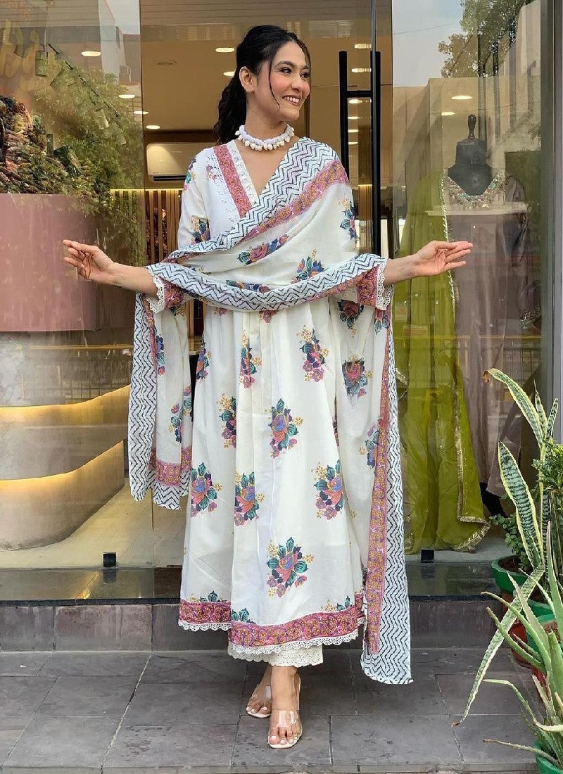 White Cotton Embroidered Kurta with Pant and Dupatta