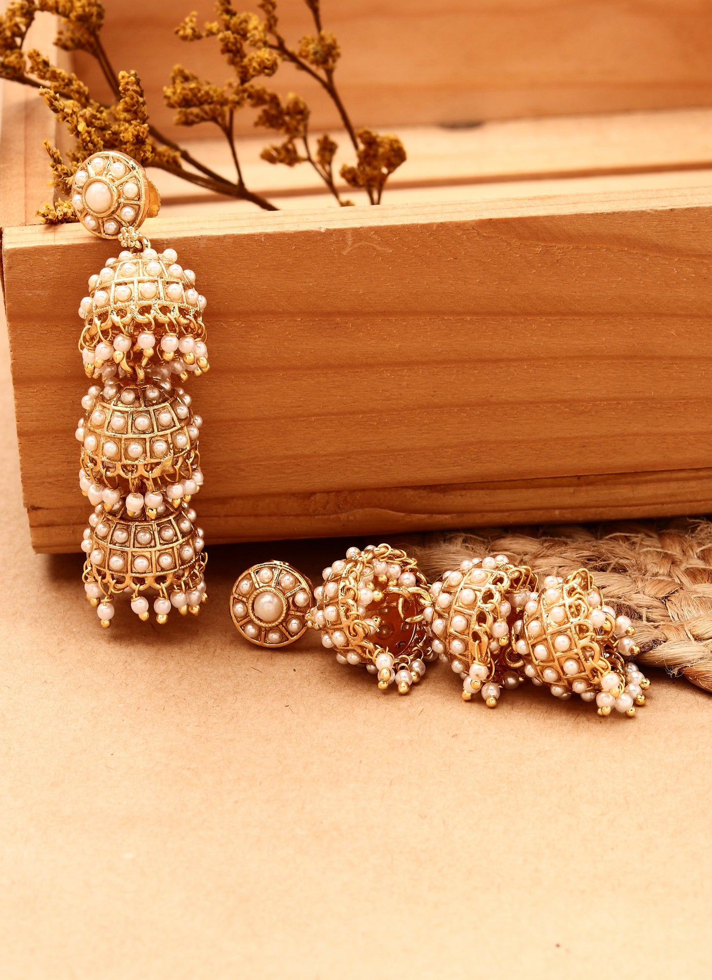 Long White Gold Kundan Jhumki