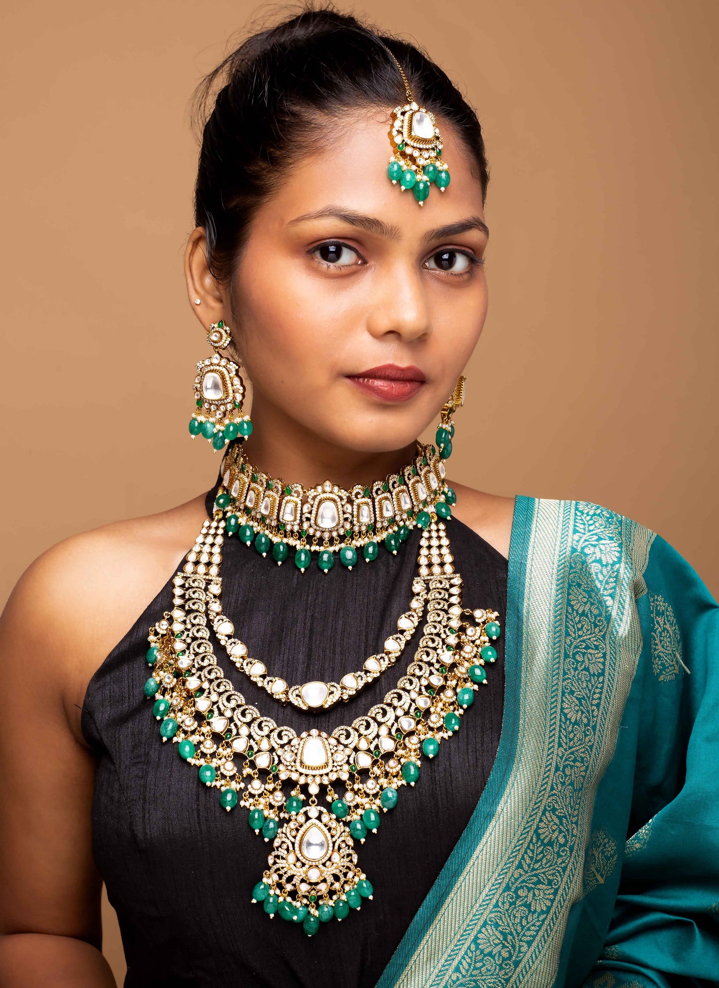 American diamond Kundan necklace set with green bead accents