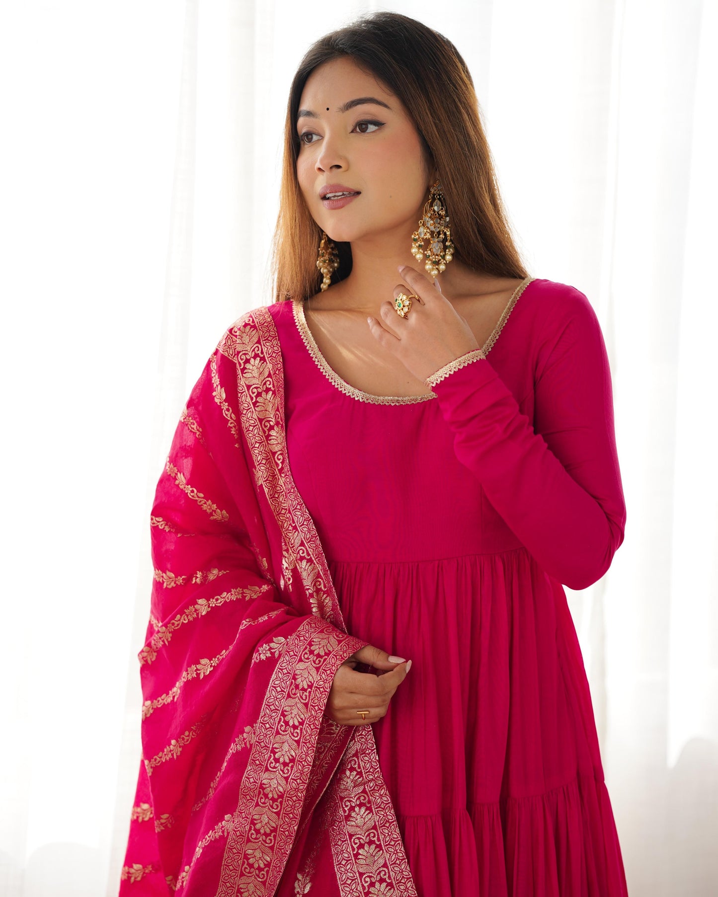 Hot Pink Chanderi Anarkali with Pant and Dupatta