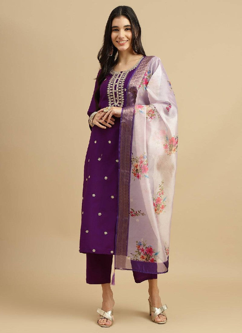 Purple Rayon Digital Print Kurta with Pant and Dupatta