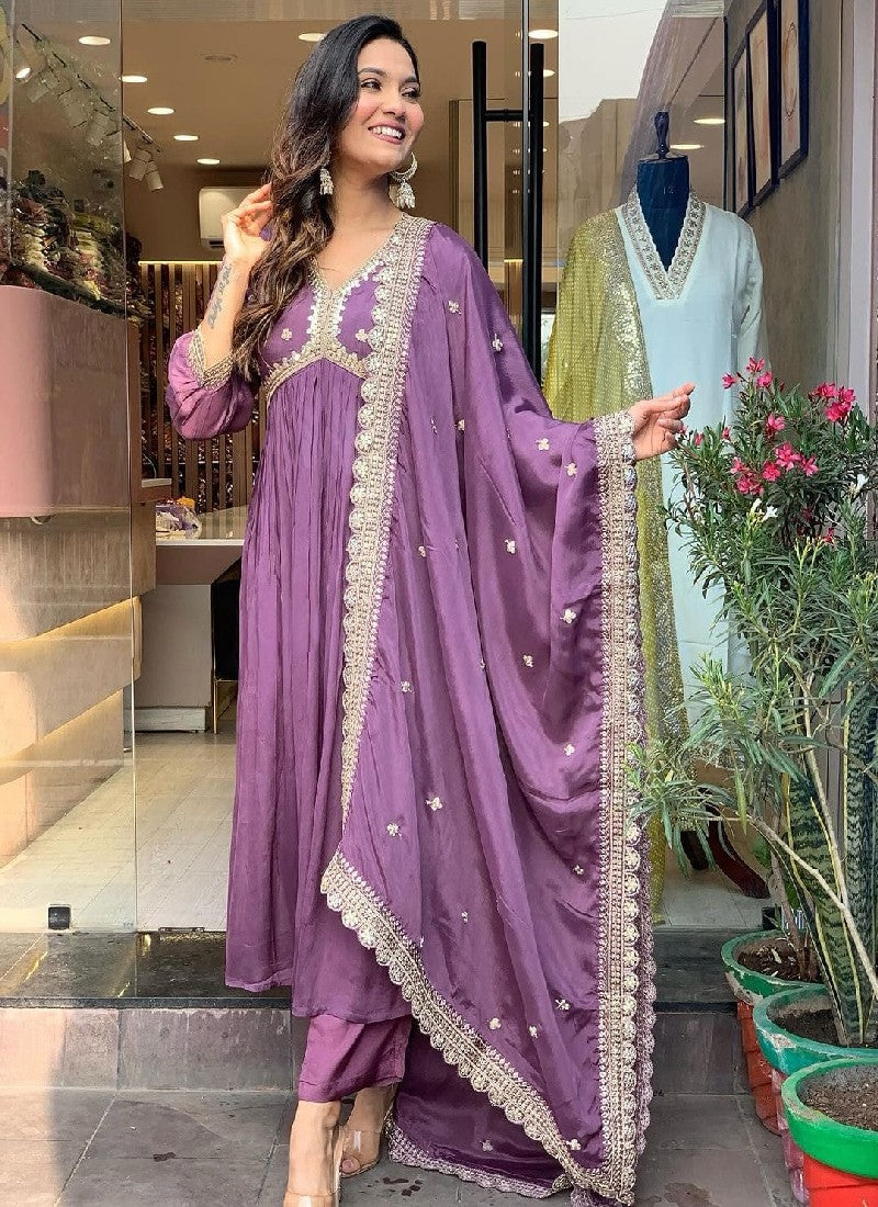 Purple Cotton Embroidered Kurta with Pant with Dupatta