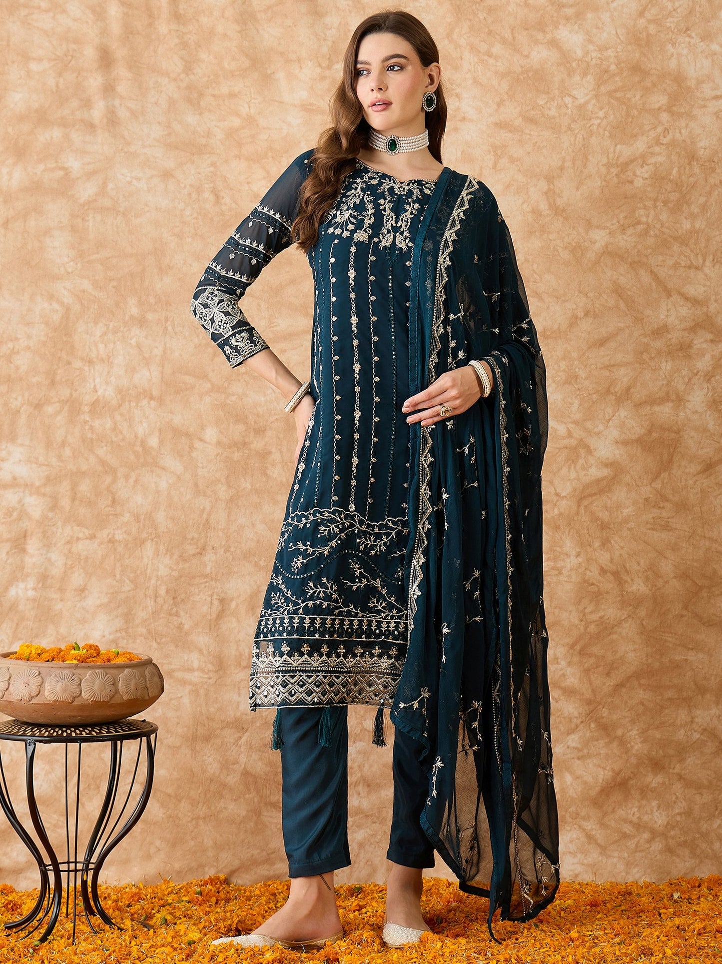 Semi-Stitched Teal Georgette Pakistani Suit with Embroidery