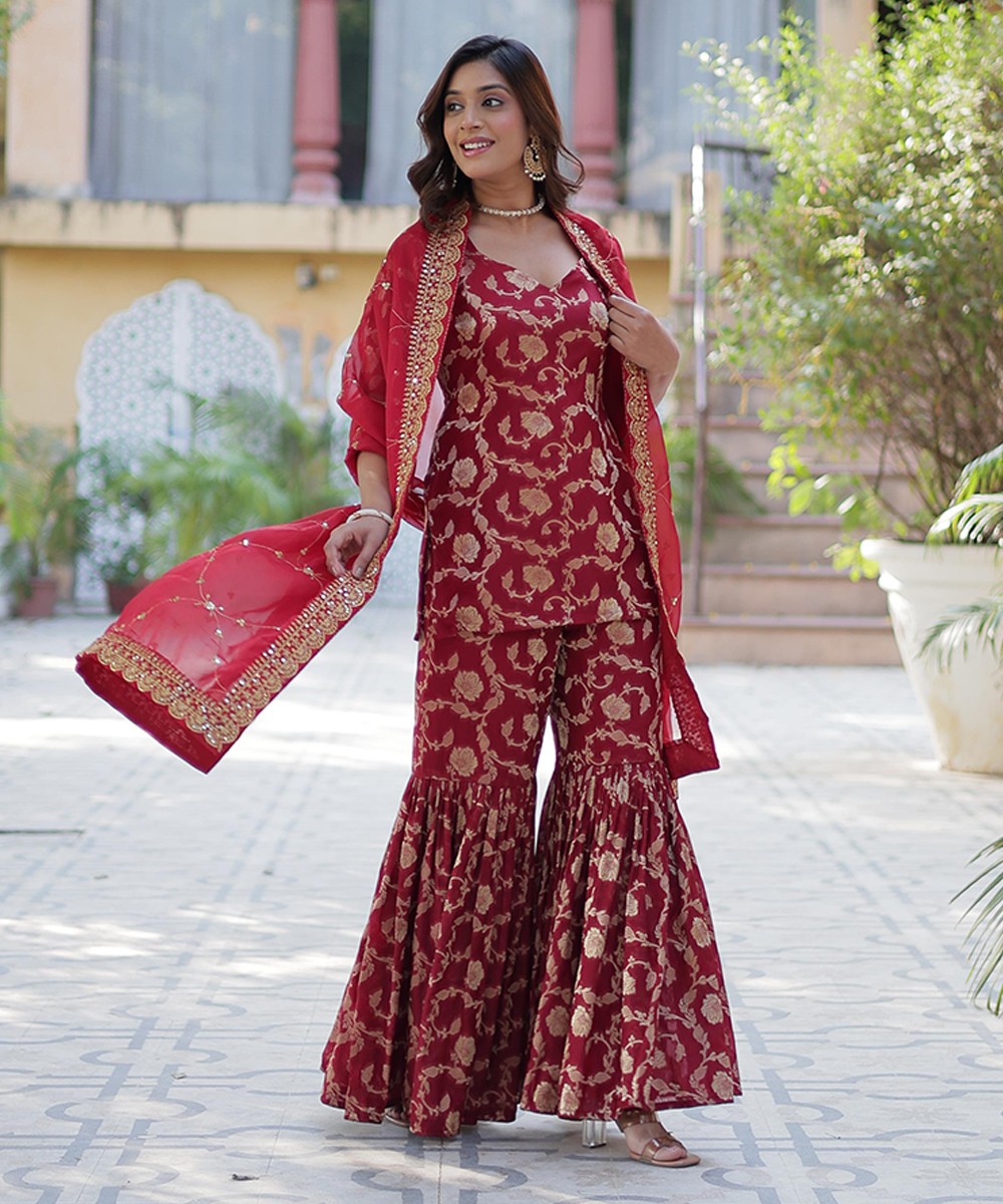 Red Jacquard Georgette Readymade Suit
