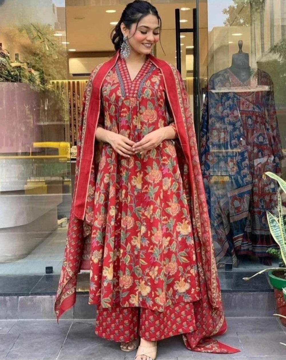 Women's Floral Print Anarkali Kurti Palazzo Set with Dupatta