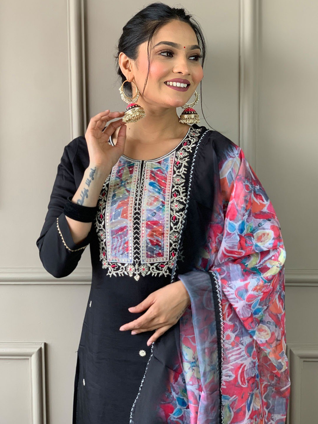 Black rayon embroidered kurta pant with dupatta