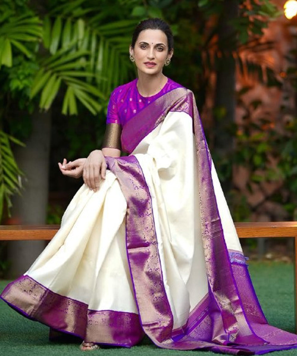 White and Purple Art Silk Saree