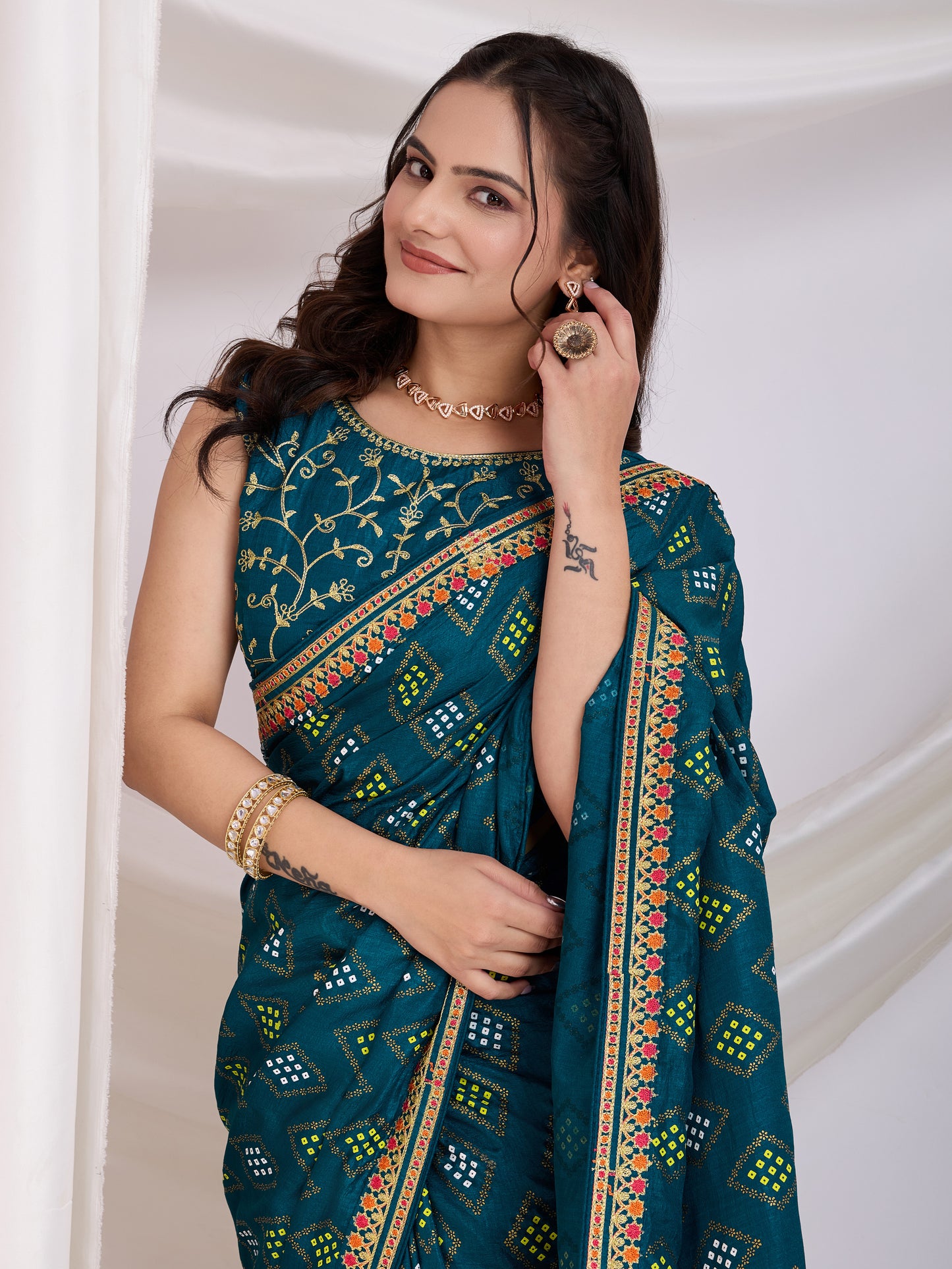 Teal Bandhej Print Embroidery Saree