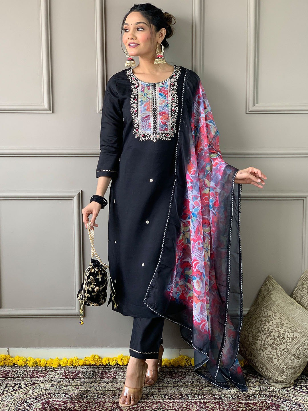 Black rayon embroidered kurta pant with dupatta