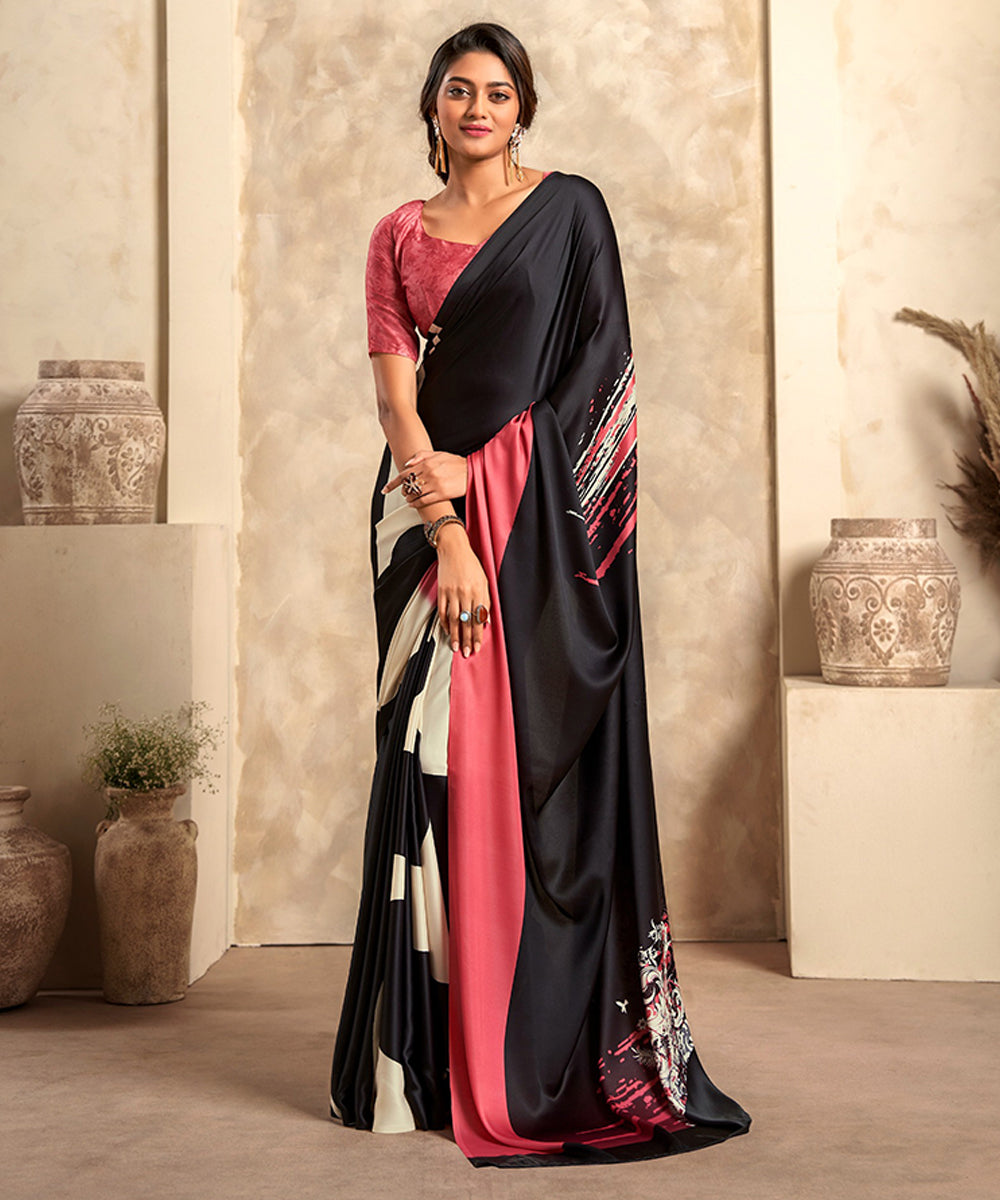 Black and Pink Abstract Print Satin Saree
