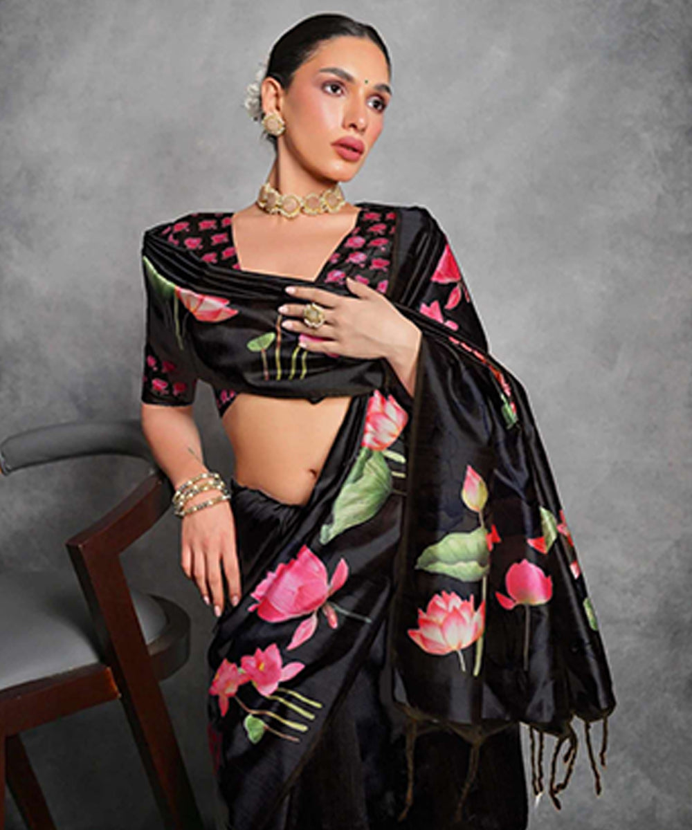 Black Art Silk Saree with Digital-Painted Lotus Motifs