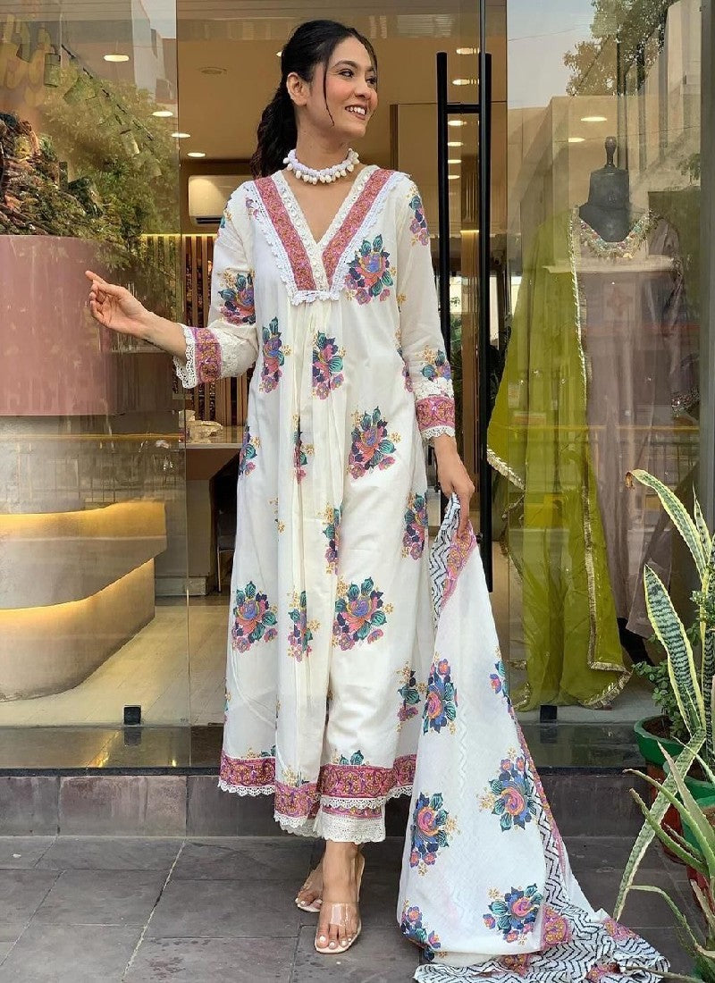 White Cotton Embroidered Kurta with Pant and Dupatta