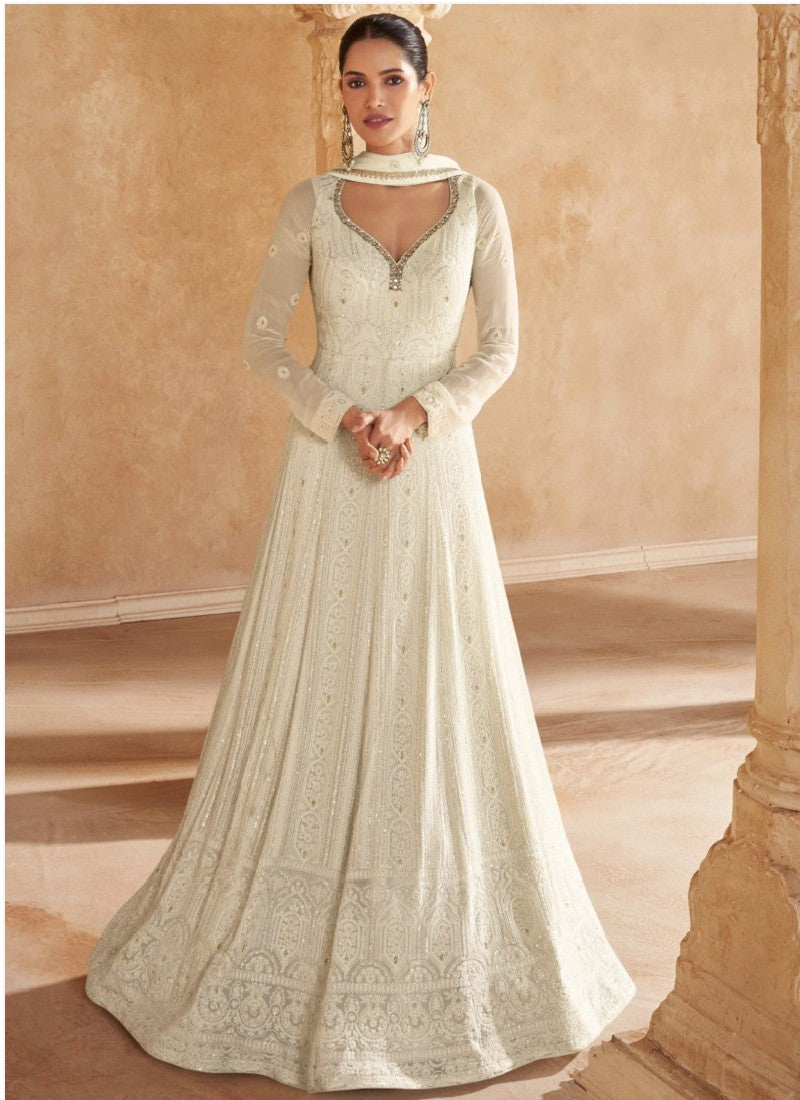 White Georgette Sequins Kurta with Pant and Dupatta