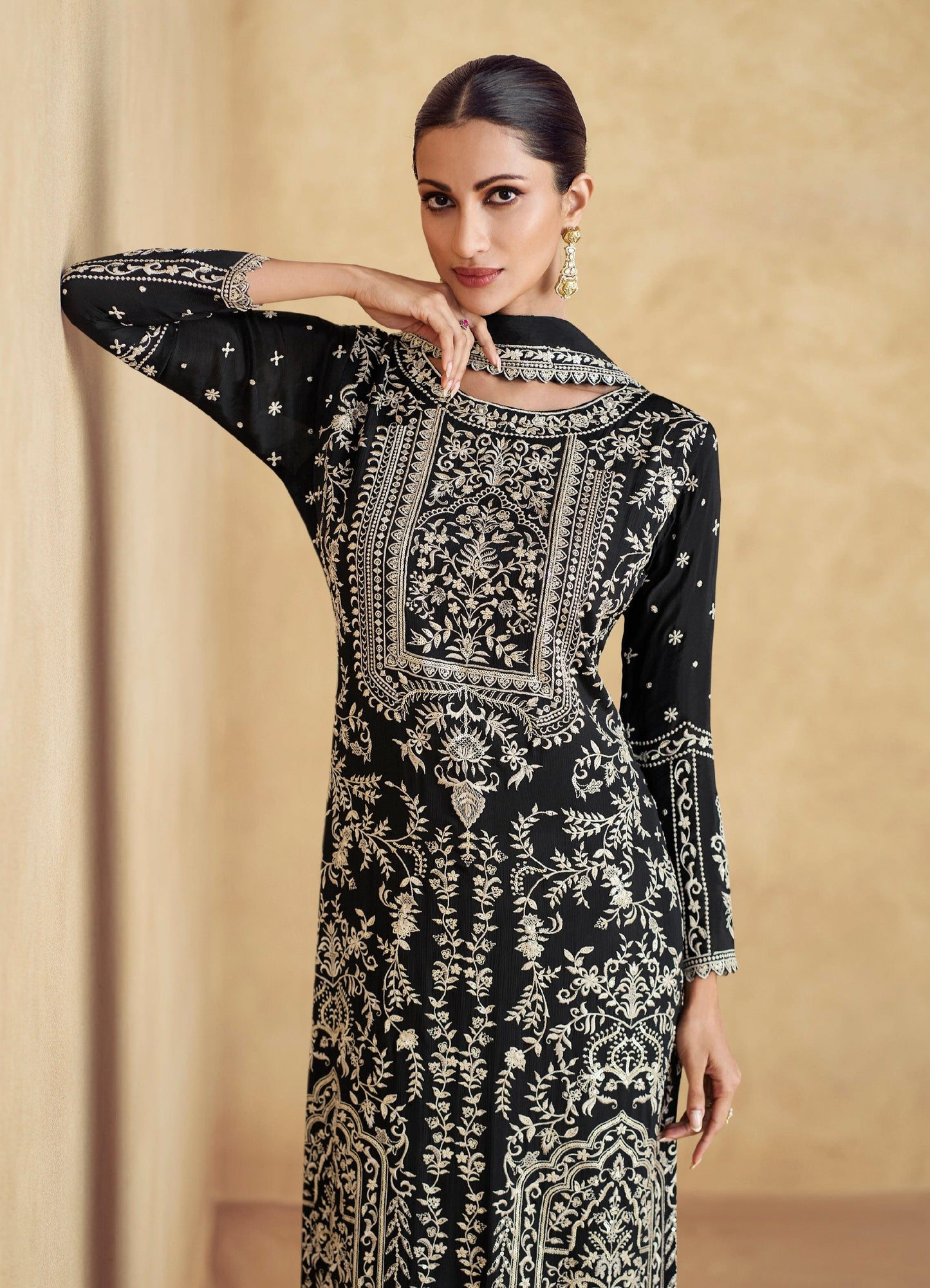 Black Embroidered Silk Blend Readymade Suit