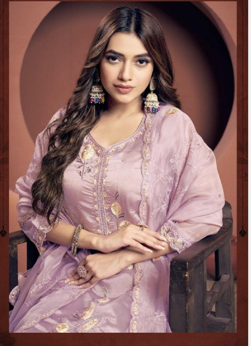Purple Viscose Embroidered Kurta with Pant and Dupatta
