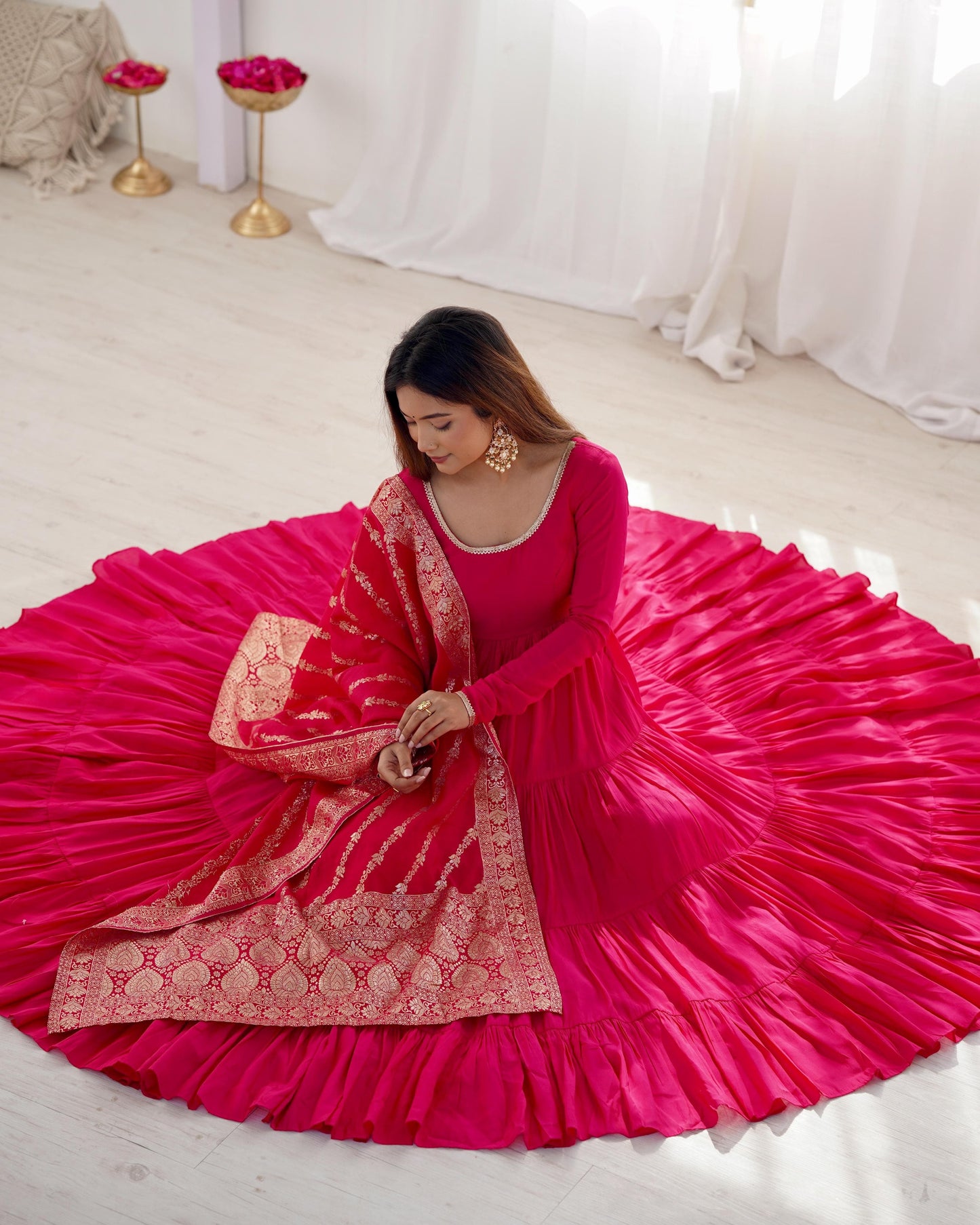 Hot Pink Chanderi Anarkali with Pant and Dupatta