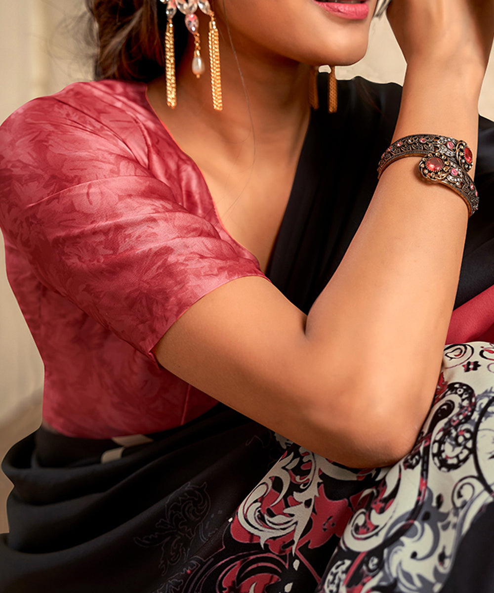 Black and Pink Abstract Print Satin Saree