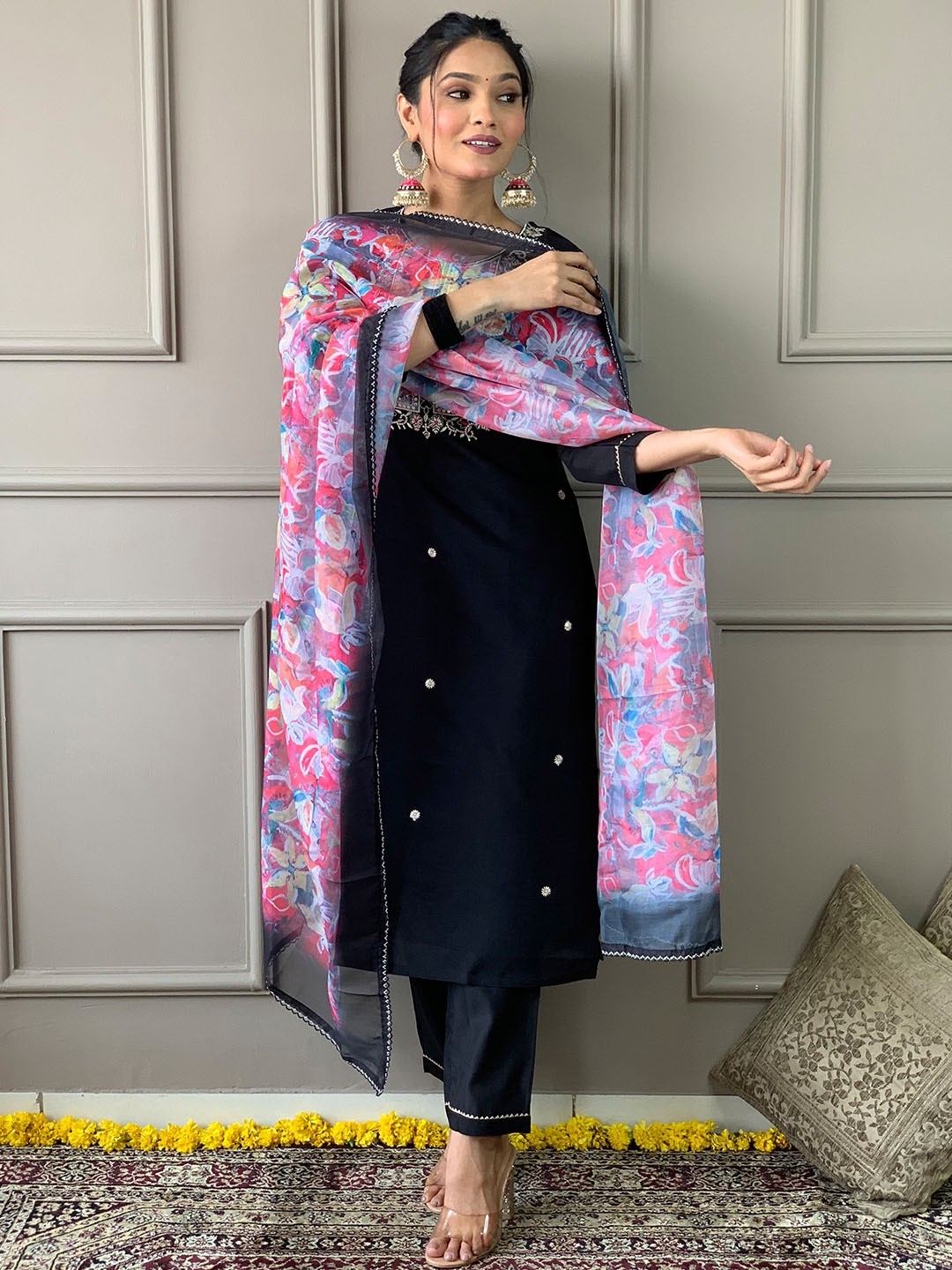 Black rayon embroidered kurta pant with dupatta
