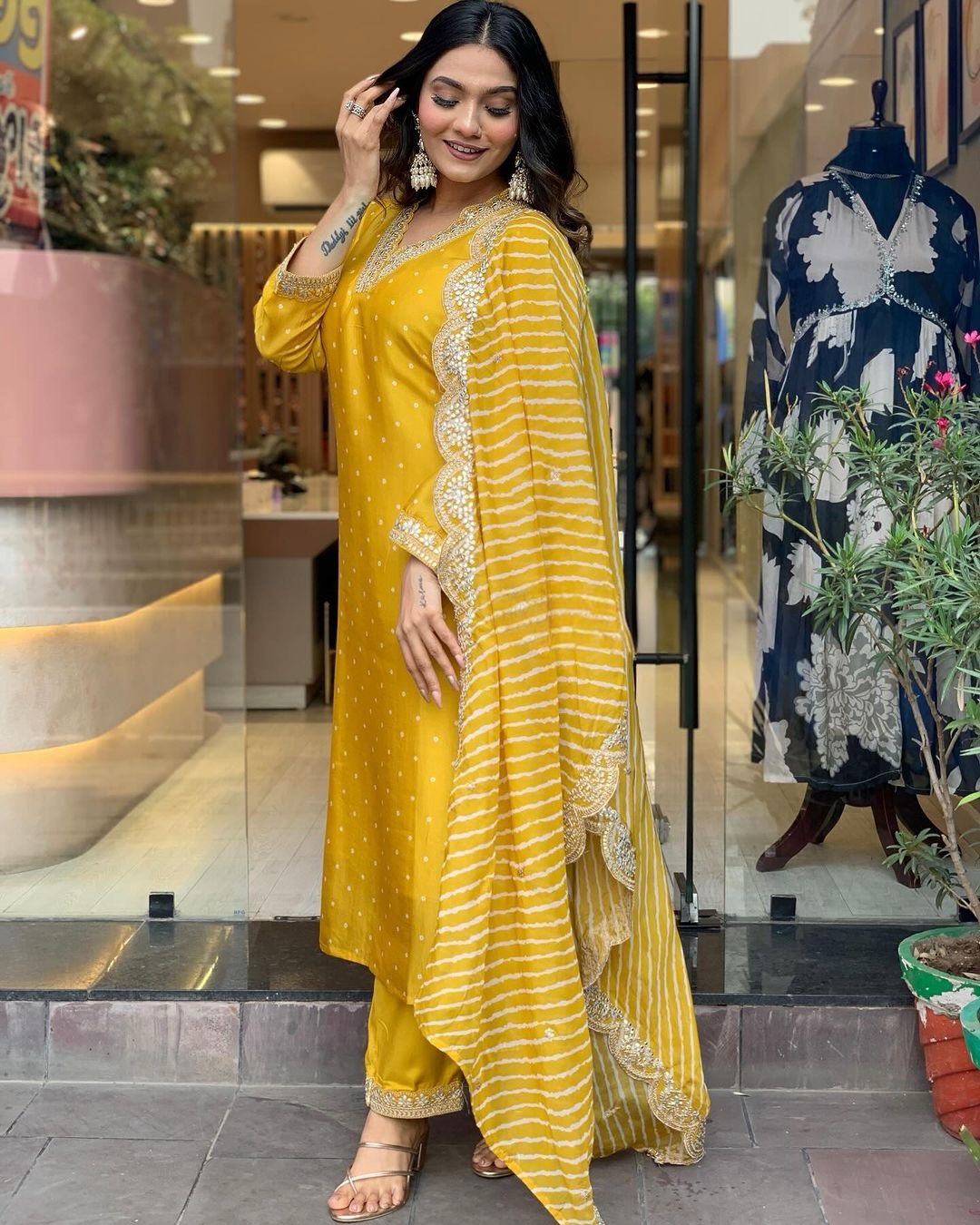 Yellow Embroidered Pure Cotton Straight Kurta Pant Set with Dupatta