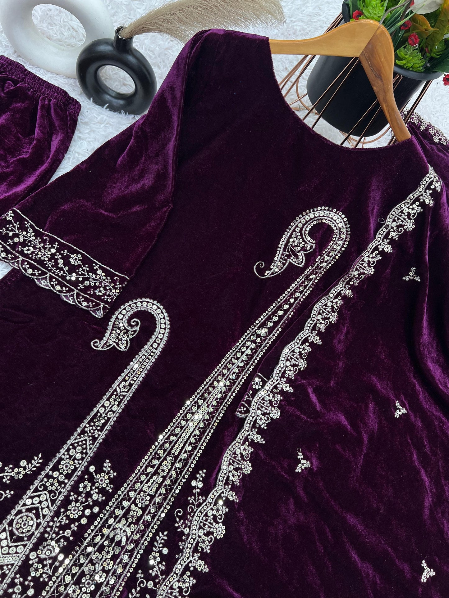 Purple Viscose Velvet Embroidered Sequin Kurta Set with Dupatta