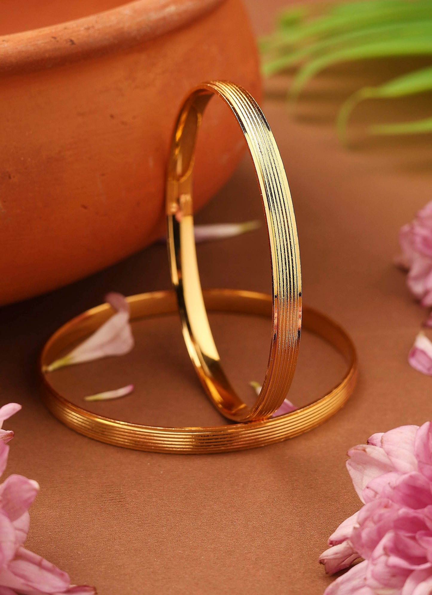 Plain Gold-Plated Bangles with Self-Line Design