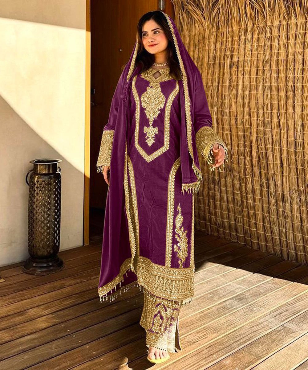 Wine Embroidered Silk Blend Readymade Suit