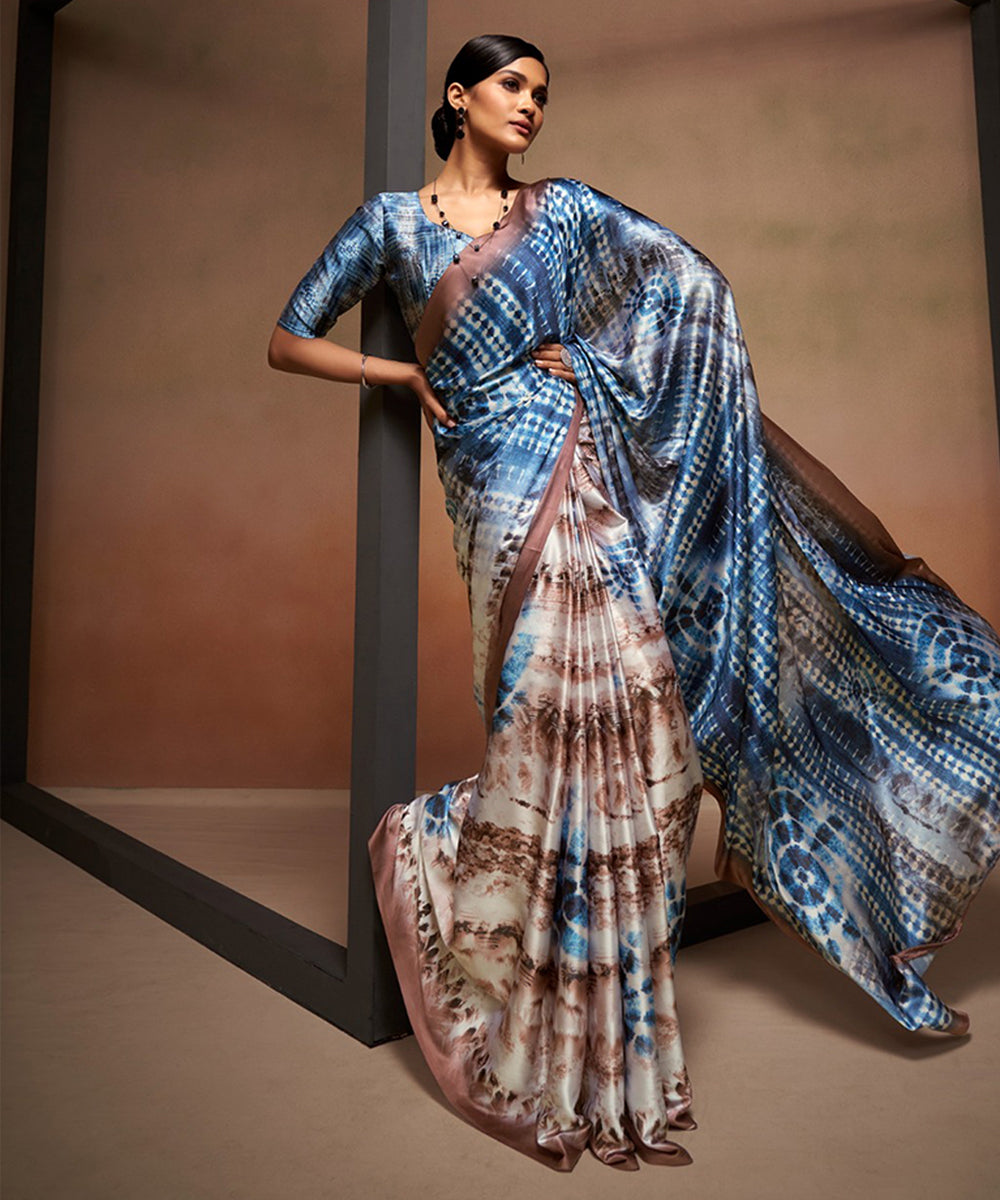 Blue and Beige Shibori Satin Saree
