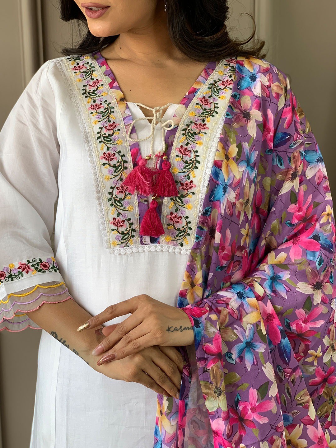 White Chanderi Silk Heavy Embroidered Kurta Pant with Dupatta