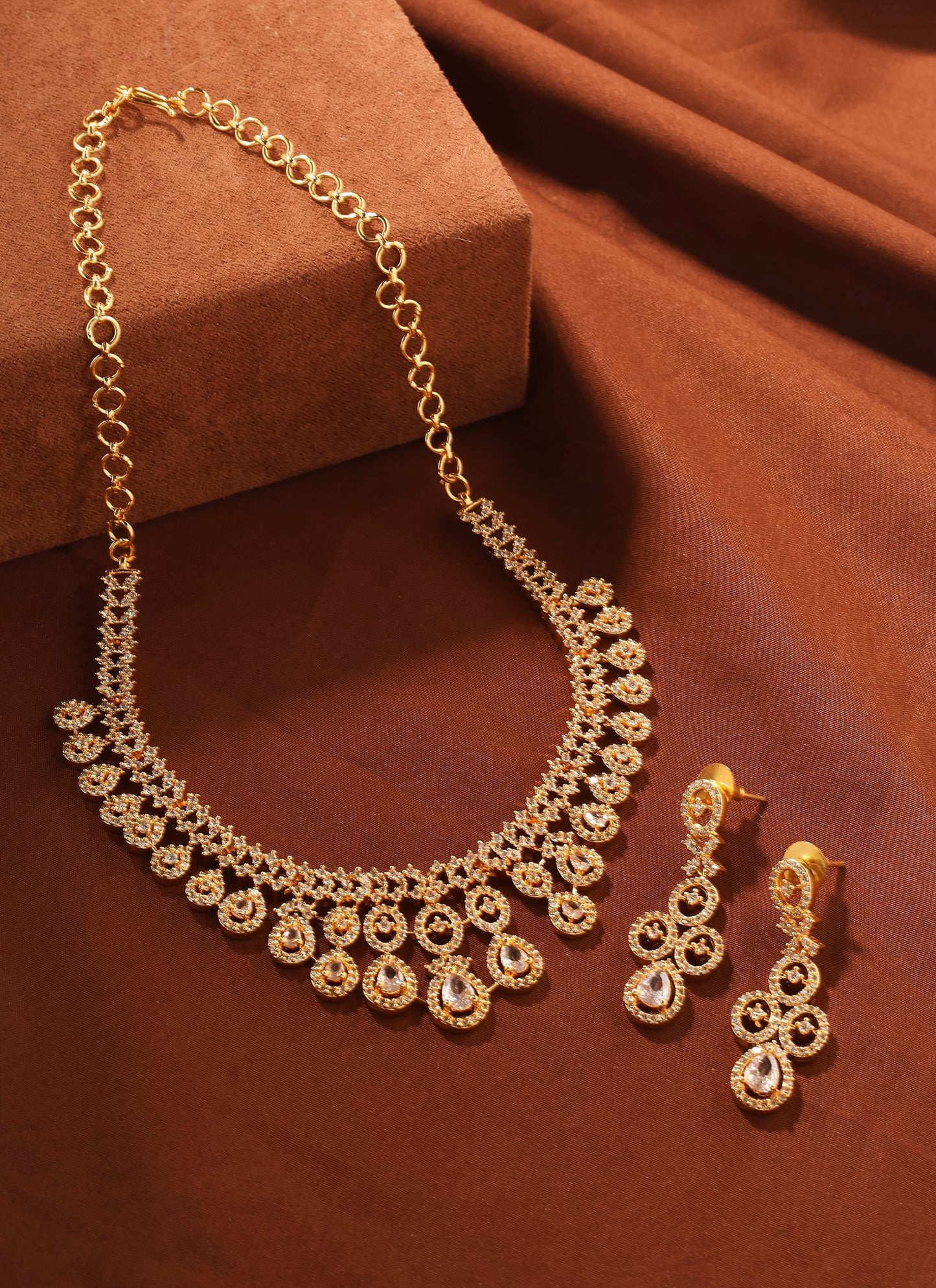 American Diamond Necklace Set with Earrings and Pear Shaped Motifs