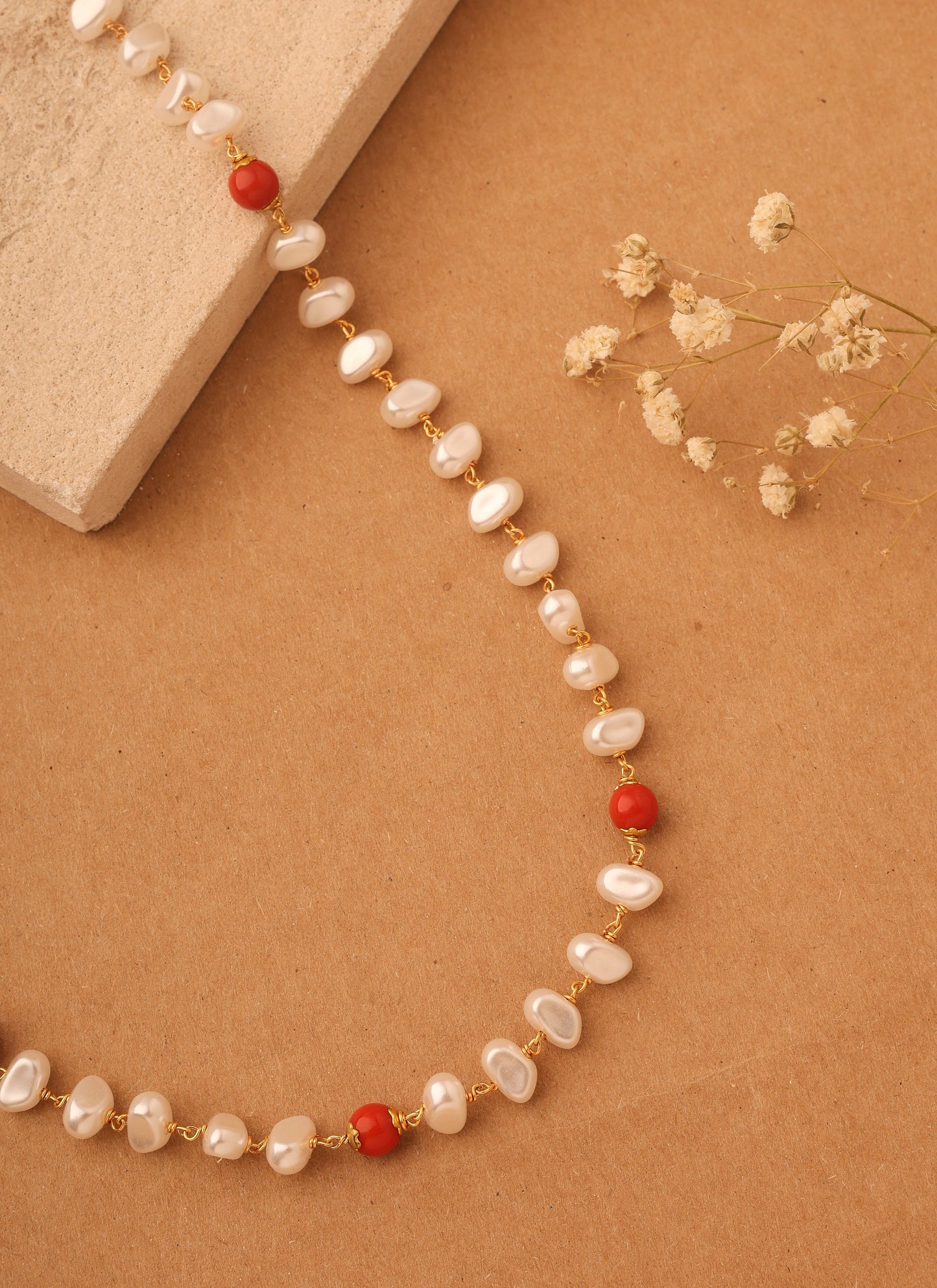 White Unshaped Pearl and Coral Beaded Necklace