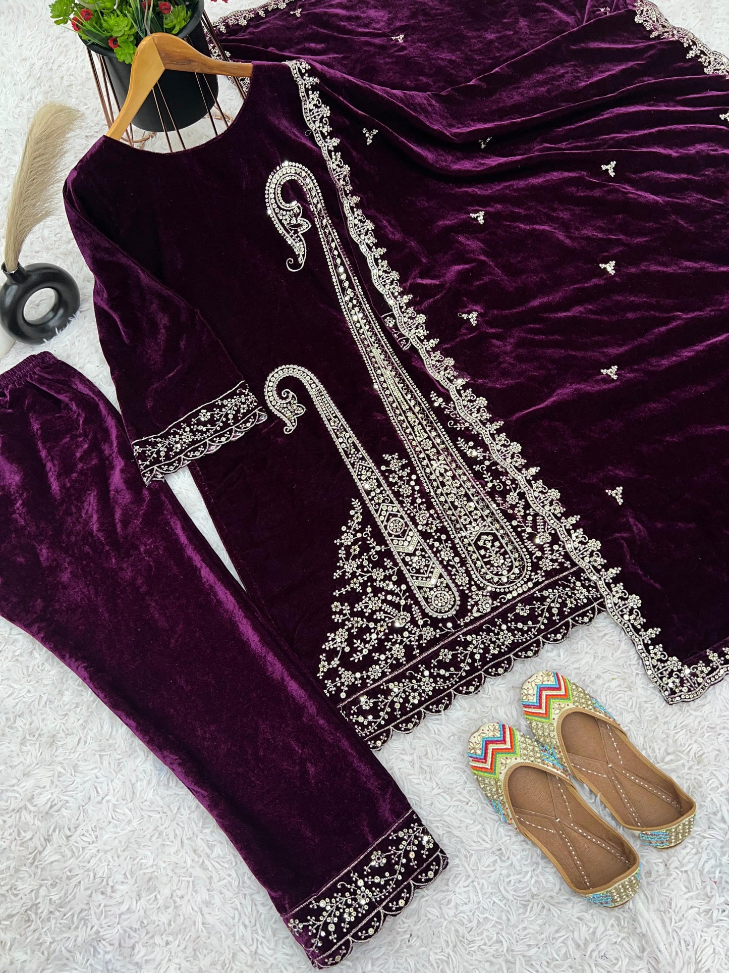 Purple Viscose Velvet Embroidered Sequin Kurta Set with Dupatta
