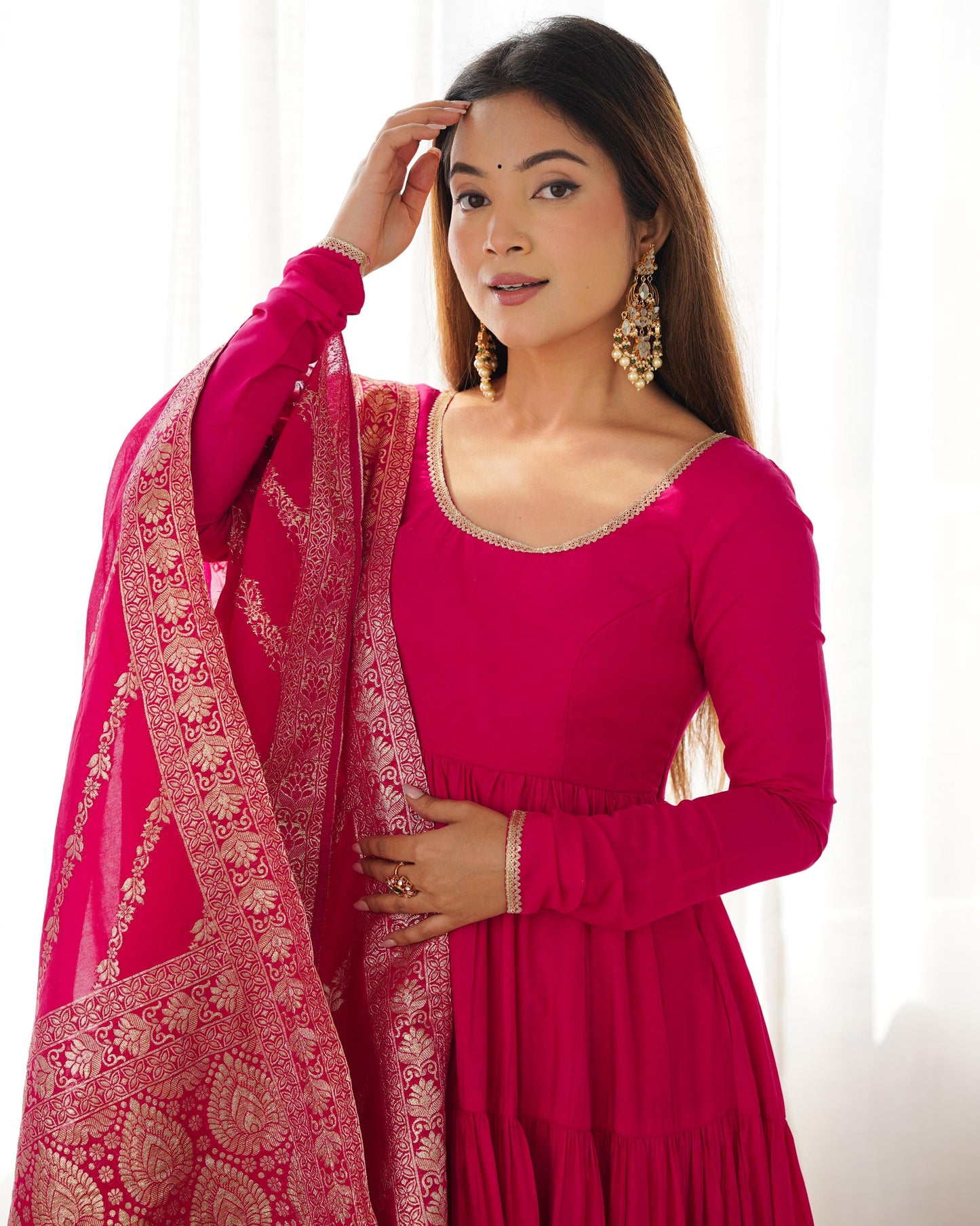 Hot Pink Chanderi Anarkali with Pant and Dupatta