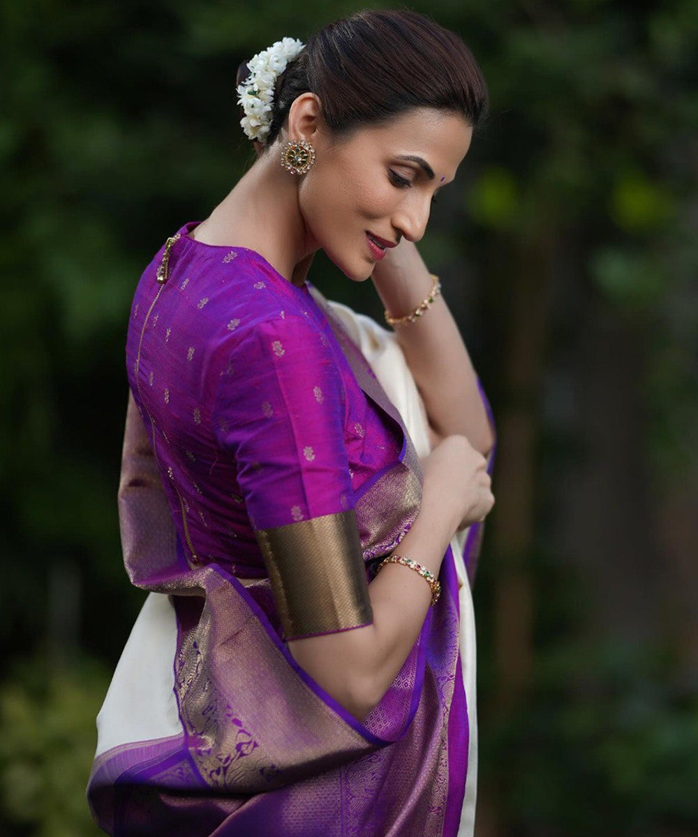 White and Purple Art Silk Saree