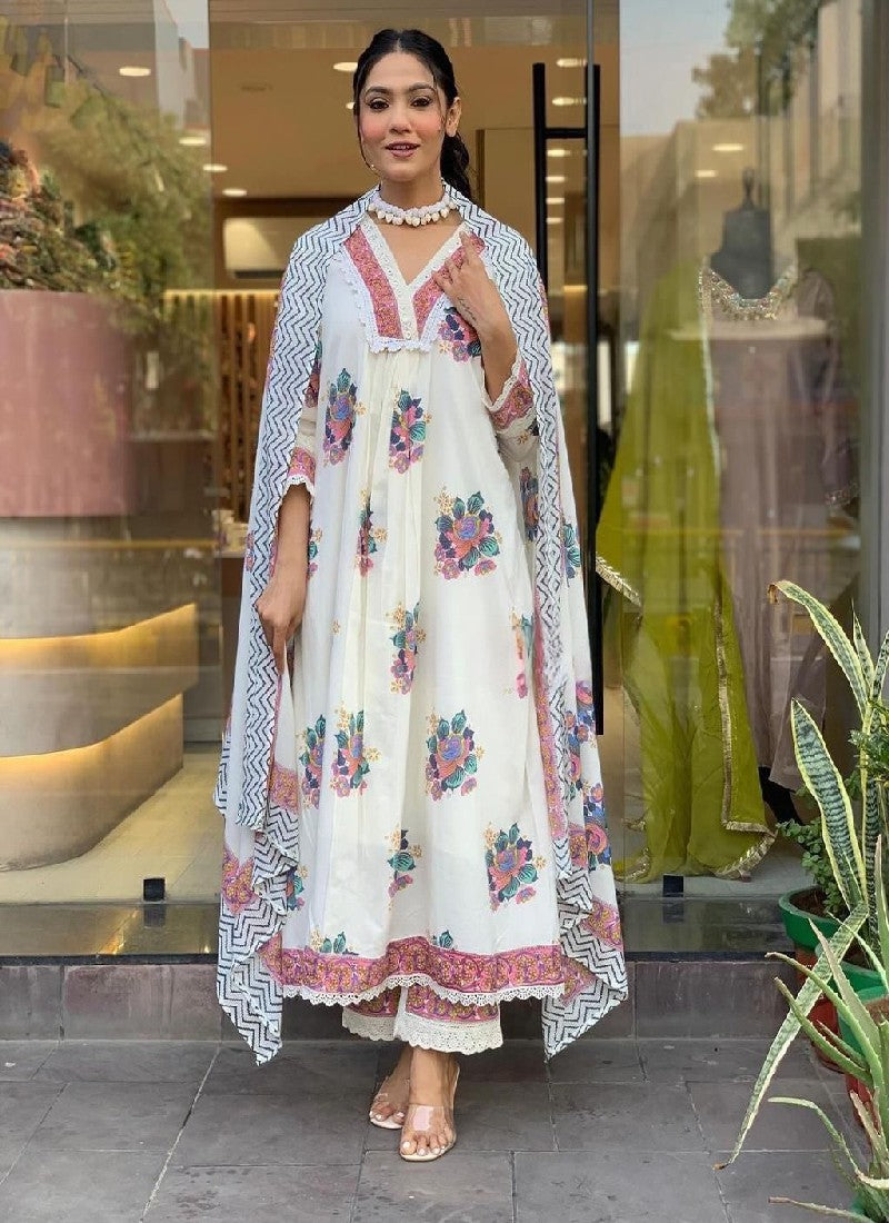 White Cotton Embroidered Kurta with Pant and Dupatta