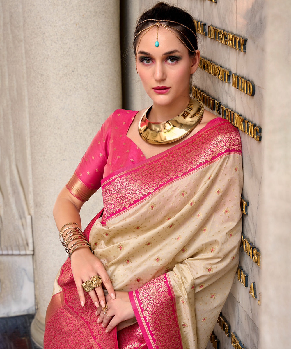 Royal Ivory & Pink Banarasi Art Silk Saree