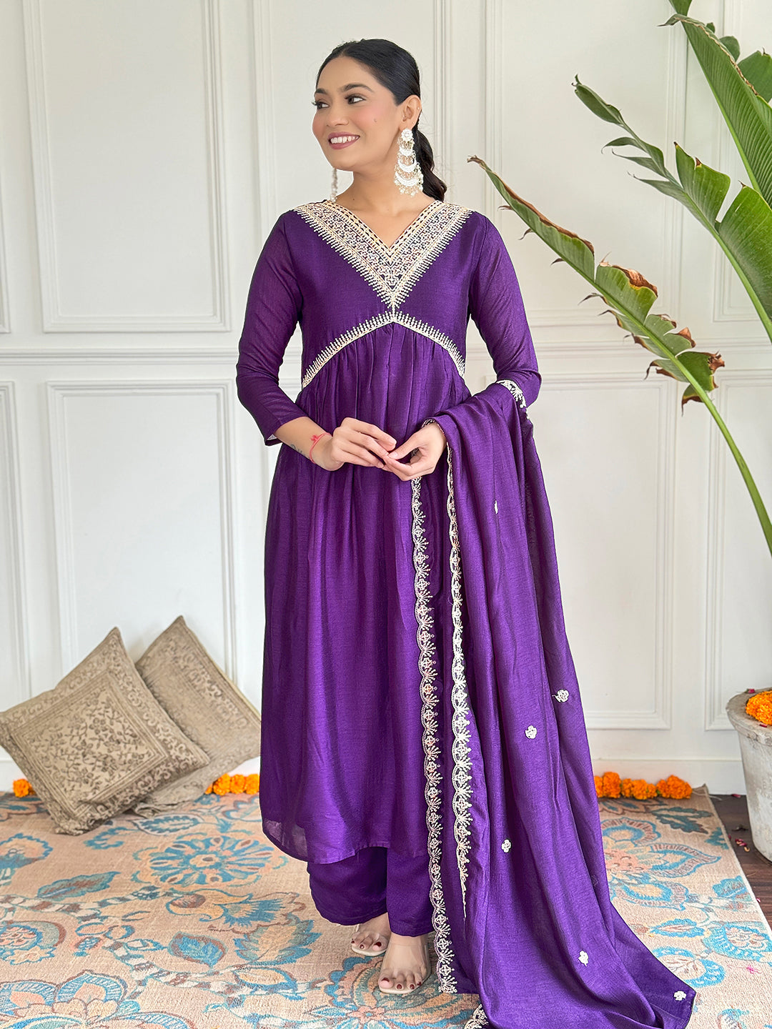 Embroidered Vichitra Silk Straight Kurta Pant Set with Dupatta