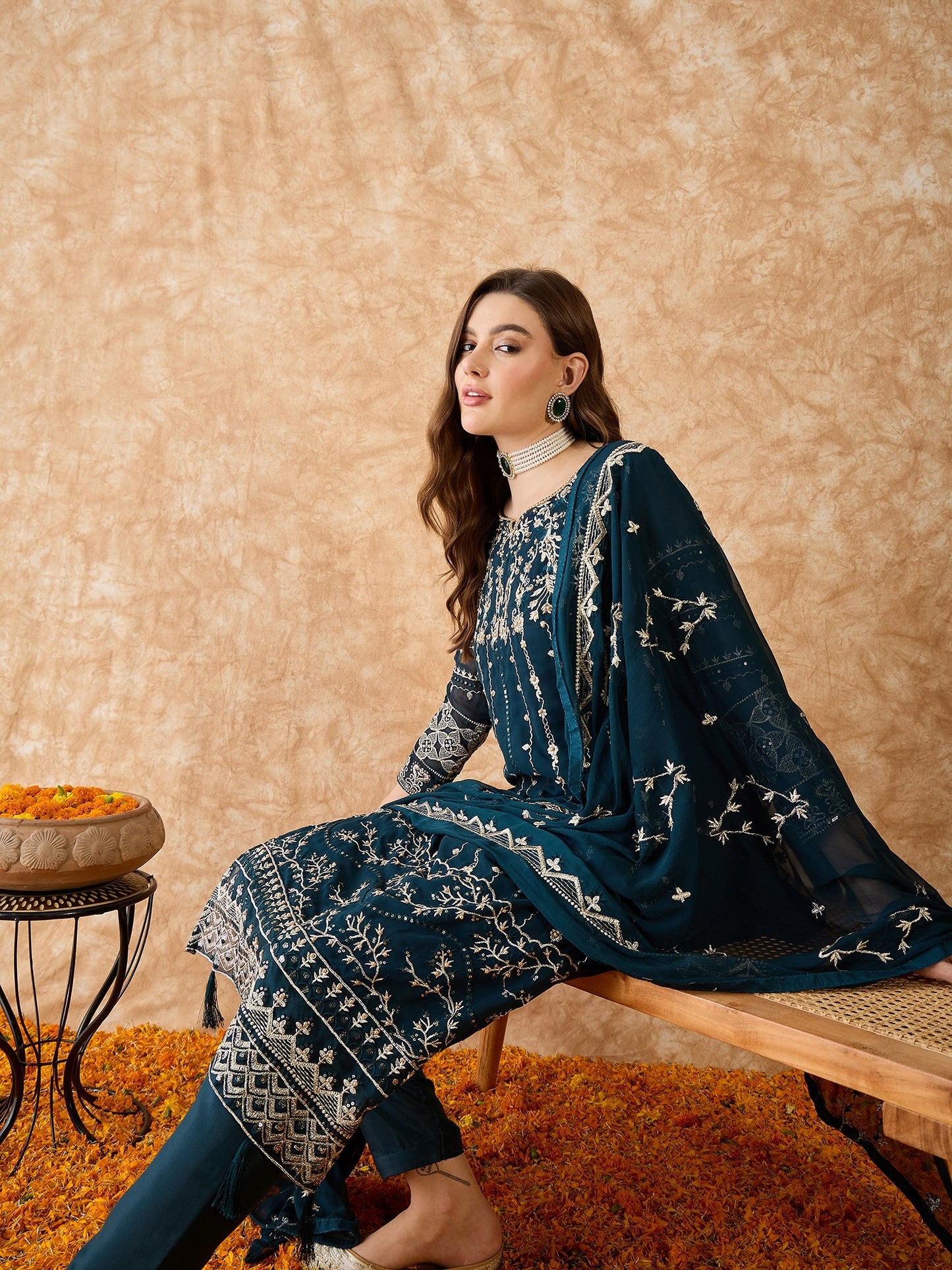 Semi-Stitched Teal Georgette Pakistani Suit with Embroidery