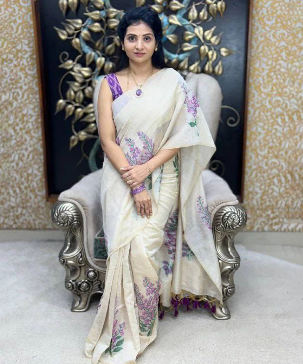Beige Cotton Floral Digital Printed Saree