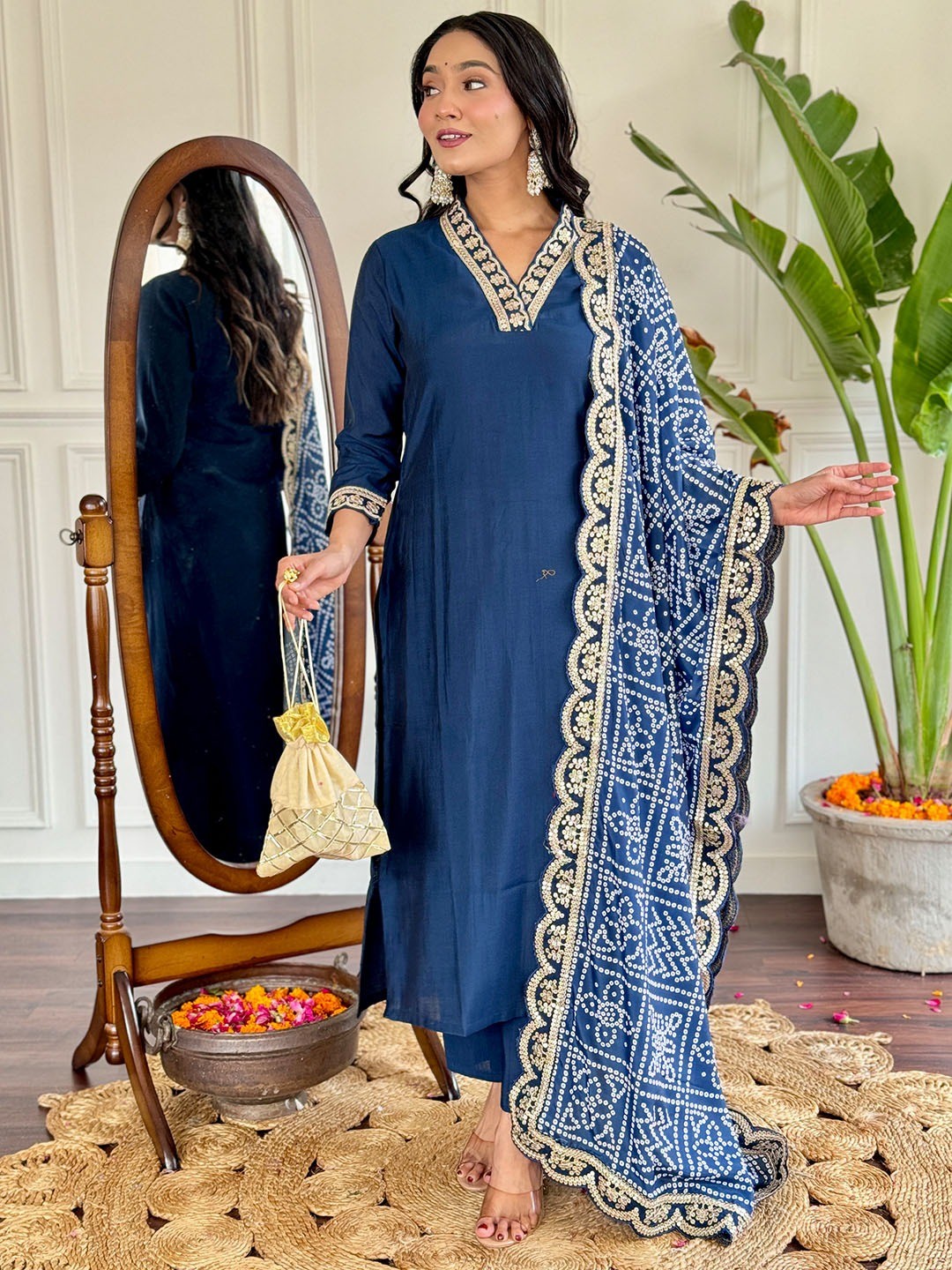 Blue Viscose Silk Embroidered Kurta Pant with Dupatta