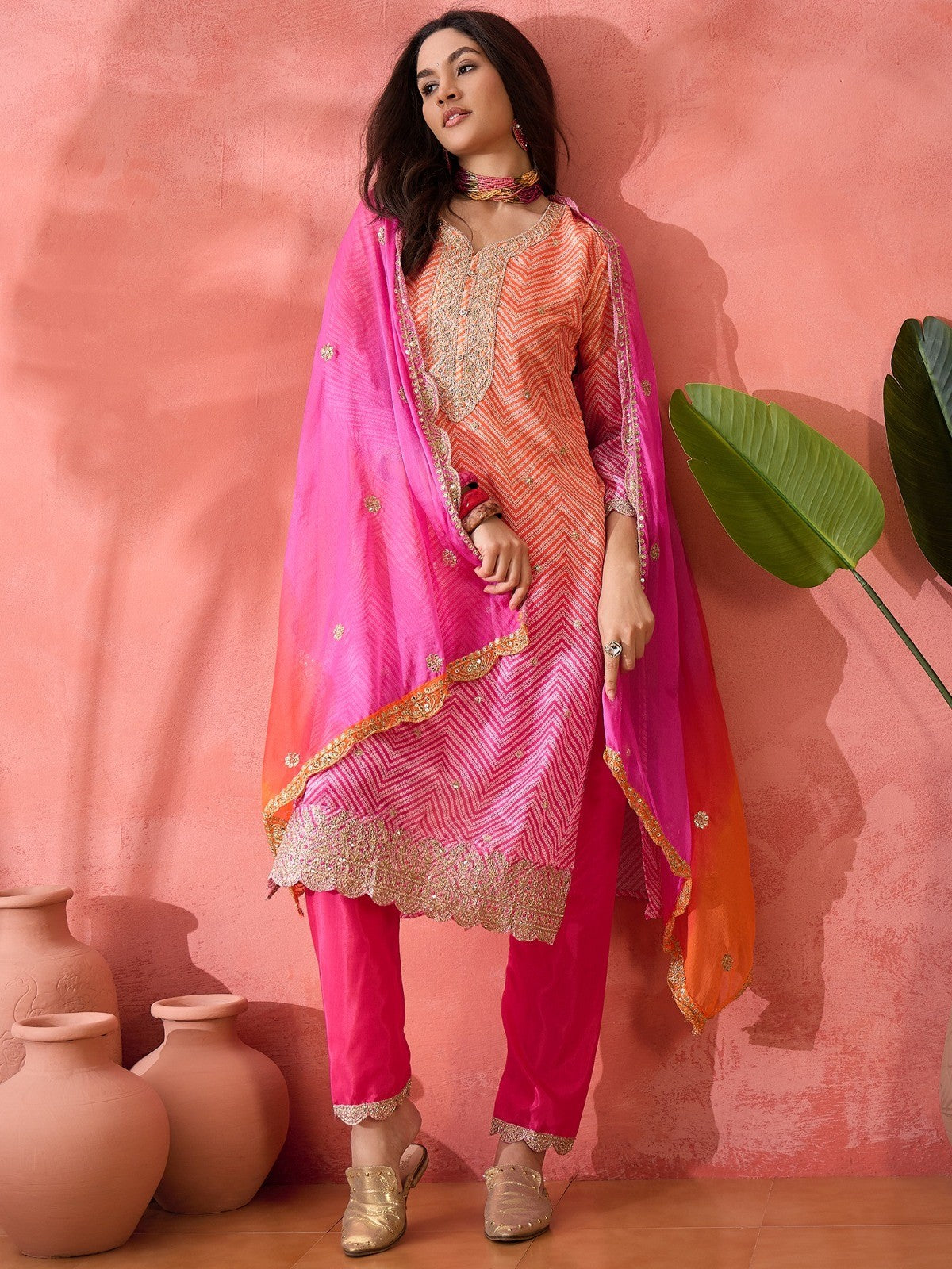 Multicolor Roman Silk Kurta with Bottom and Dupatta