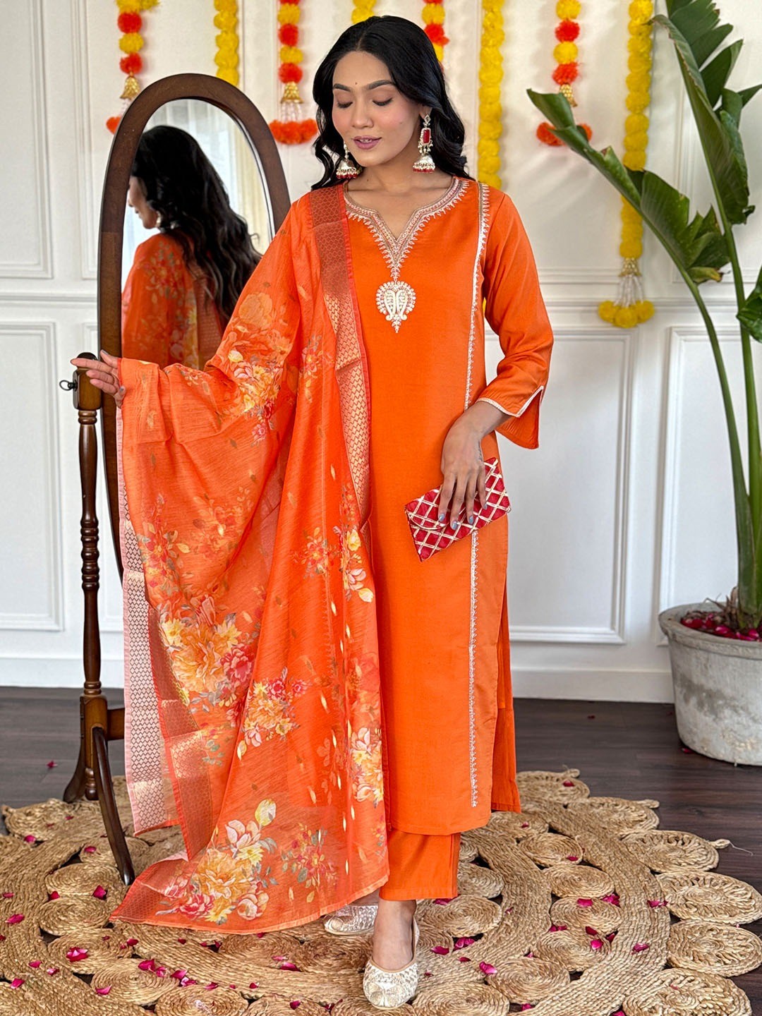 Orange chanderi silk embroidered work kurta pant with dupatta