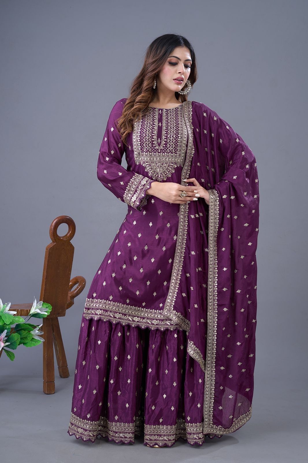 Wine Sequins Silk Blend Readymade Suit