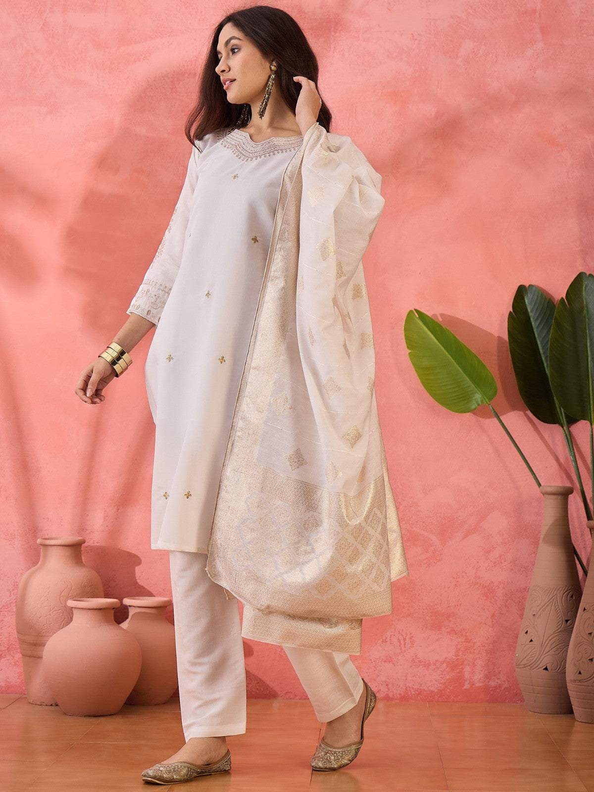 White Roman Silk Kurta with Bottom and Dupatta