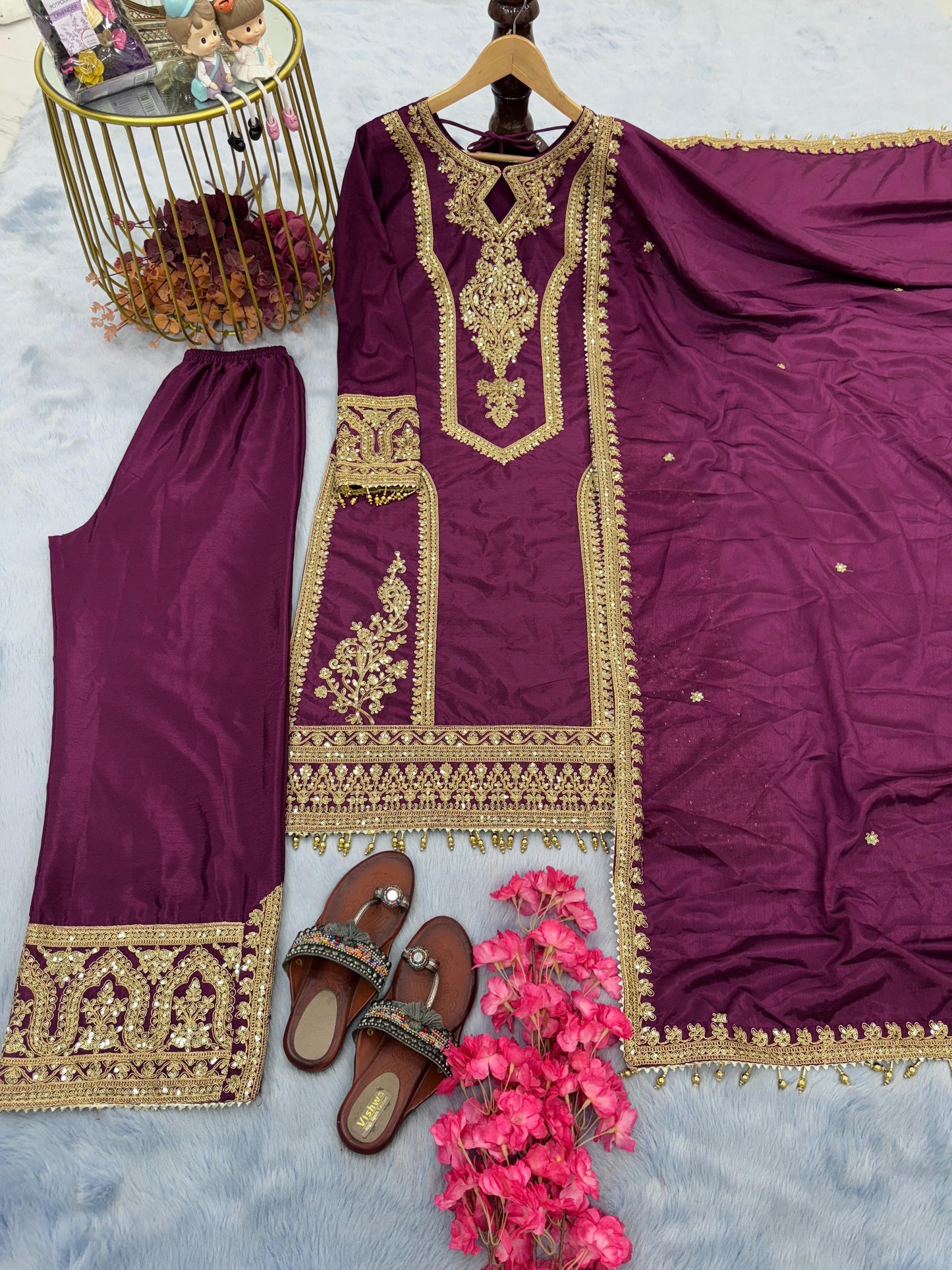 Wine Embroidered Silk Blend Readymade Suit