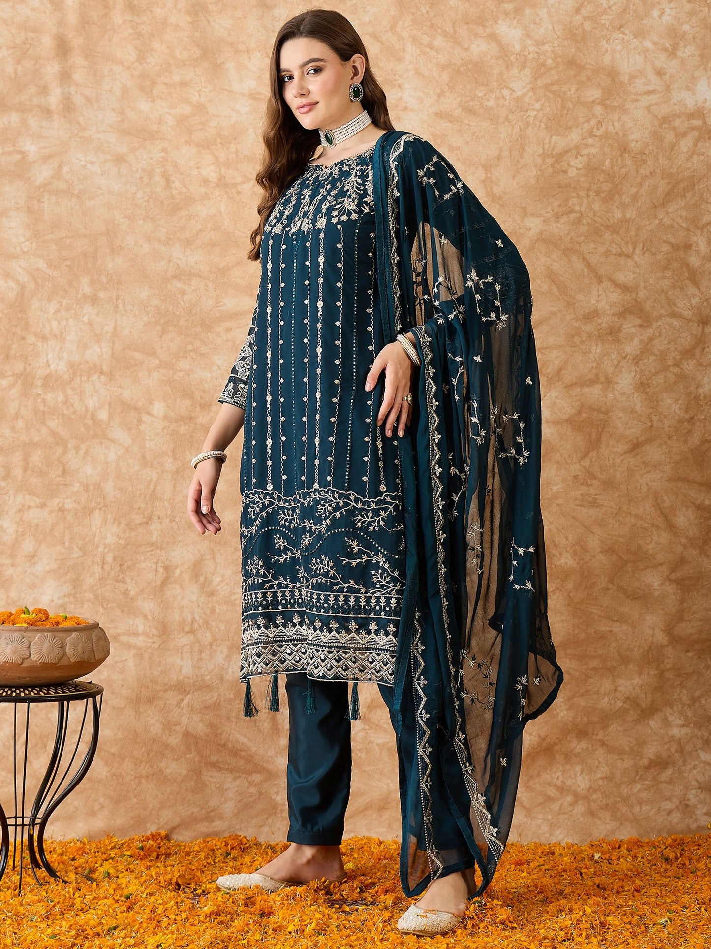 Semi-Stitched Teal Georgette Pakistani Suit with Embroidery